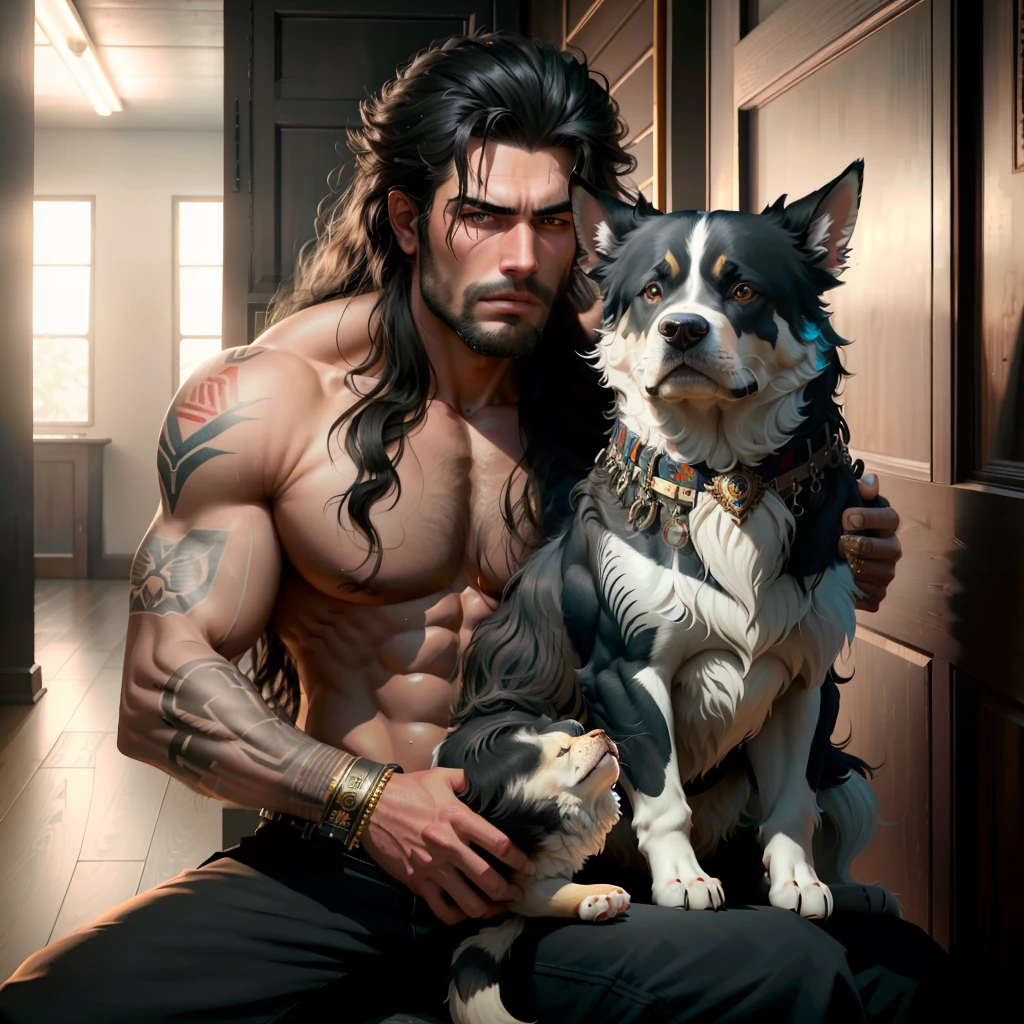 A photorealistic portrait of a insanely handsome young man, no shirts, very strong, chiseled and extremely tattooed sitting on a step next to a big fierce dog, a large door as the background, a colorized photo by Jesse Richards, instagram contest winner, maximalism, masculine, handsome, grotesque, photograph, detailed symmetric realistic face, extremely detailed natural texture, peach fuzz, long hair, masterpiece, absurdres, nikon d850 film stock photograph, kodak portra 400 camera f1.6 lens, extremely detailed, amazing, fine detail, hyper realistic lifelike texture, dramatic lighting, unrealengine, trending on artstation, cinestill 800 tungsten, looking at the viewer, photo realistic, RAW photo, TanvirTamim, high quality, highres, sharp focus, extremely detailed, cinematic lighting, 8k uhd,-imagine-