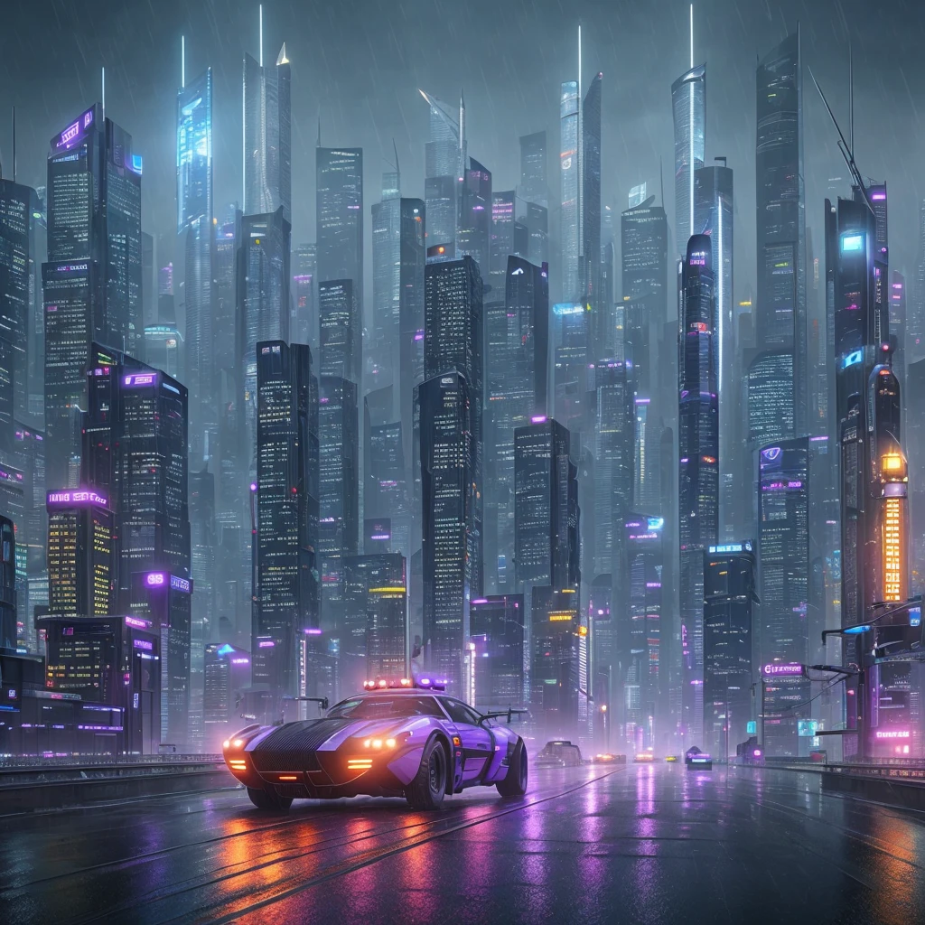 A city of the future, many skyscrapers, blade runner style, hyper-realistic, octane render, realistic, street with cars, rain, a police woman android, cinematic, 8k, very intricate, 80s, night, orange and violet neons