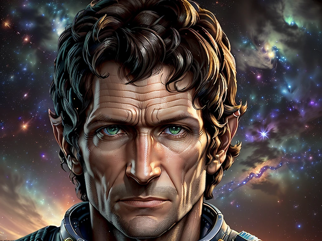 (close-up:1.2, portrait, Todd Howard:1.3) looking at a magnificent (space background:1.5) filled with green sparkling (stars:1.4), with the camera close enough to show the wonder in his eyes.