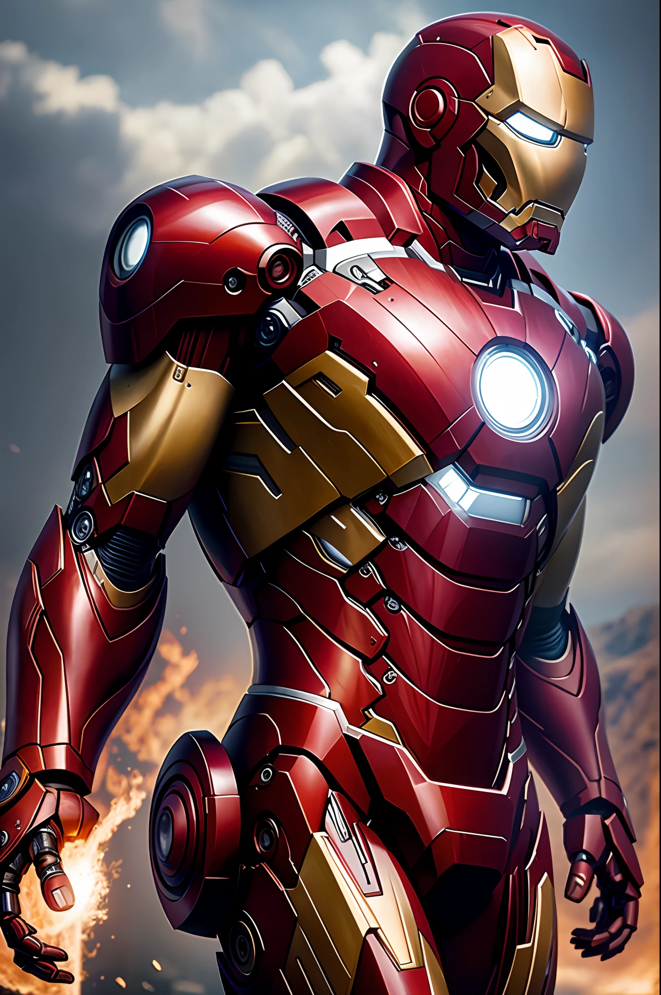 (8k, RAW photo, best quality, masterpiece: 1.2), ultra-detailed, formal art, photorealism: 1.37, upper body shot, Marvel Iron Man, film grain, action pose