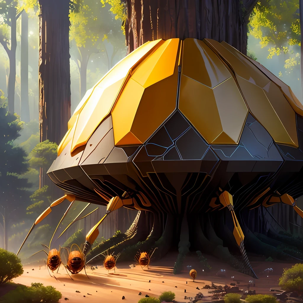 anthill, Big scale, hight details, shield on the anthill, transparent, Ambient reflective lights, high detail-imagine, drawn texture, High colors, ants walking, giant tree in the background