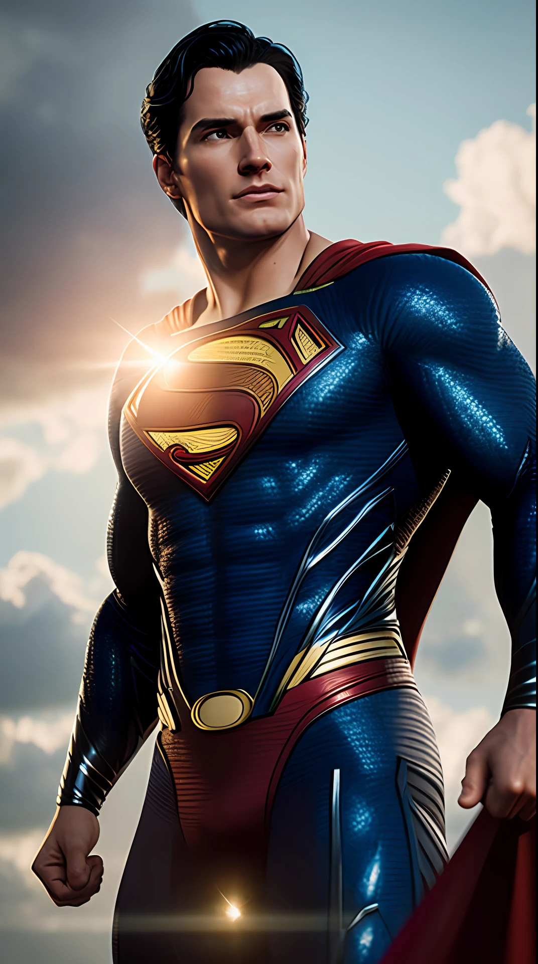 superman, photography, in the background a sky full of clouds, soft lighting, soft details, octane, artstation trending, ultra high detail, ultra realistic, cinematic,16k