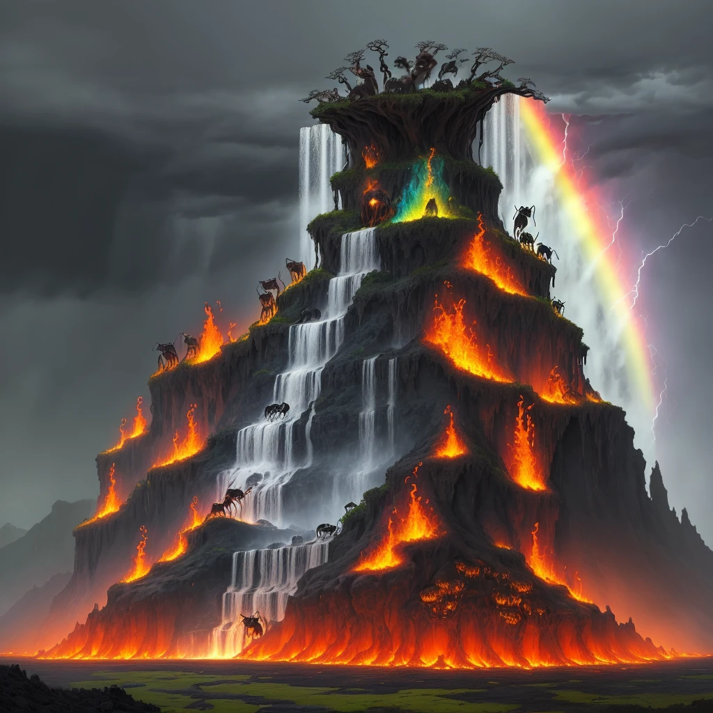 Magnificent colony of ants in skull, with wolves on each side, with waterfall and lava waterfall, in a cloudy setting, lightning, fire, rainbow, rain
