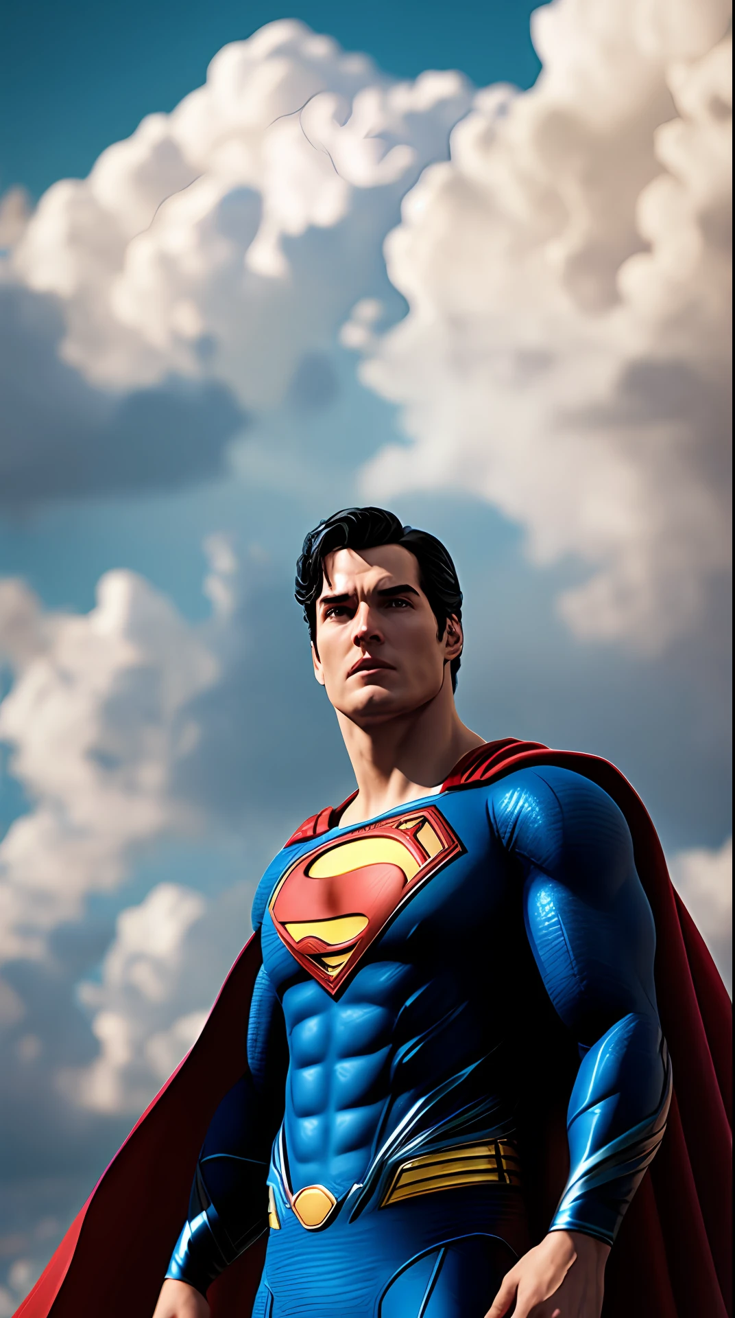 superman, photography, in the background a sky full of clouds, soft lighting, soft details, octane, artstation trending, ultra high detail, ultra realistic, cinematic,16k