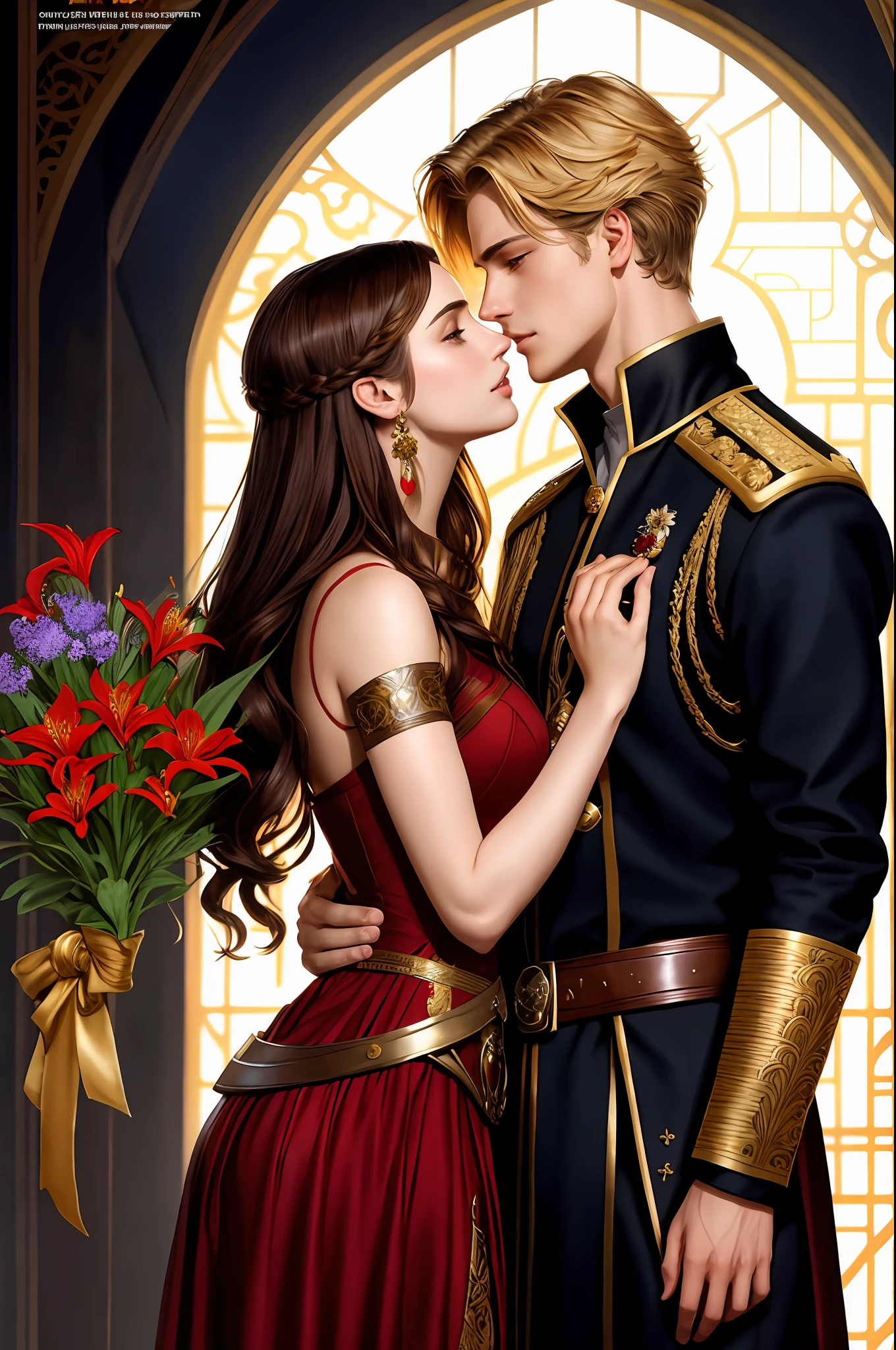 Neels Visser is a prince who has golden blonde hair, wears a medieval military outfit and is in love with commoner Lily Collins, who has curly black hair and wears a red dress, the two kiss very affectionately, illustration of a romance book cover with a detailed, soft and bright background full of flowers, art by Greg Hildebrandt, Citemer Liu, Stjepan Sejic, Samyang, Aykut Aydogdu, Justin Gerard, Alphonse Mucha, Artgerm, WLOP and Greg Rutkowski