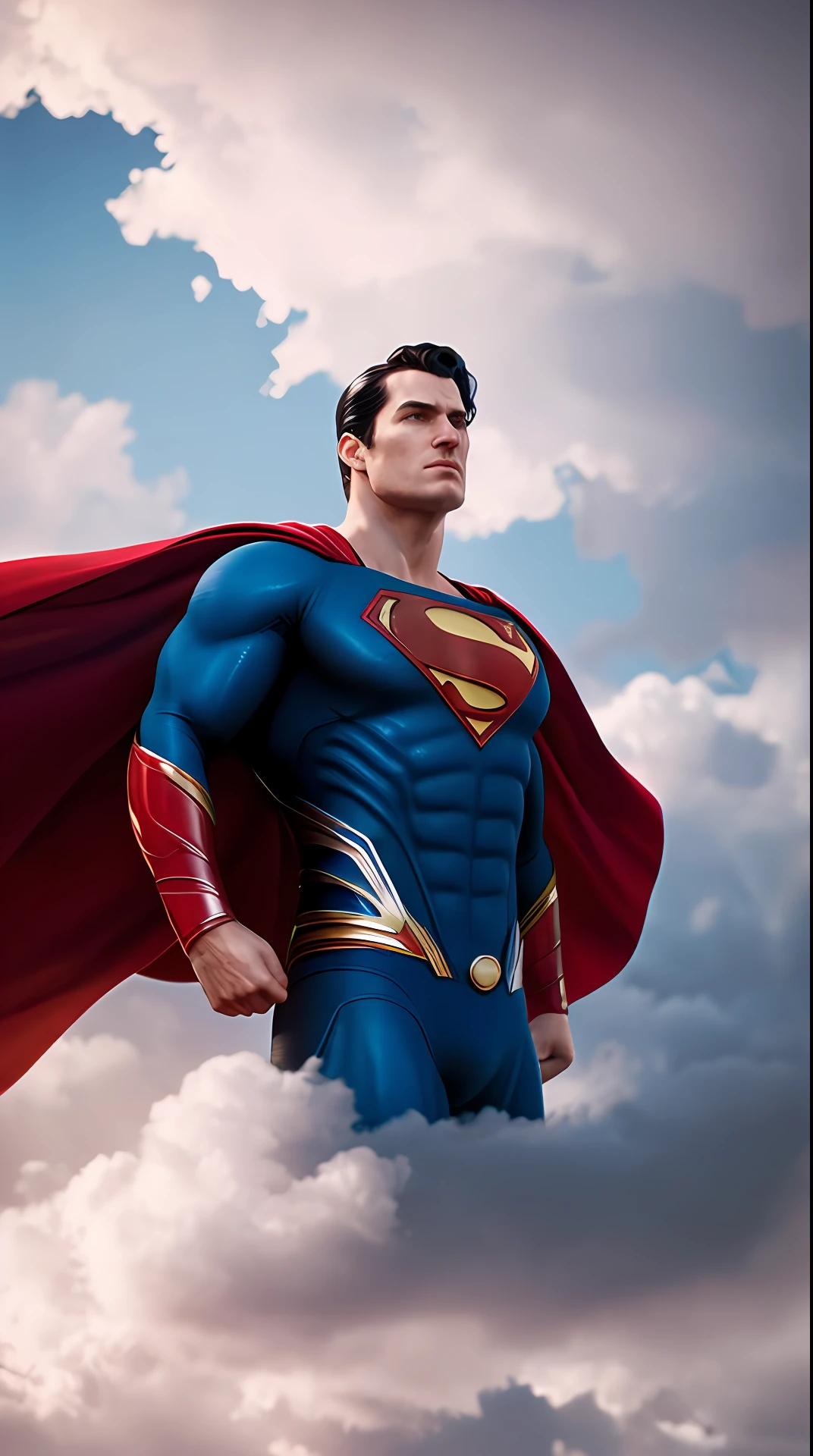 superman, photography, in the background a sky full of clouds, soft lighting, soft details, octane, artstation trending, ultra high detail, ultra realistic, cinematic,16k