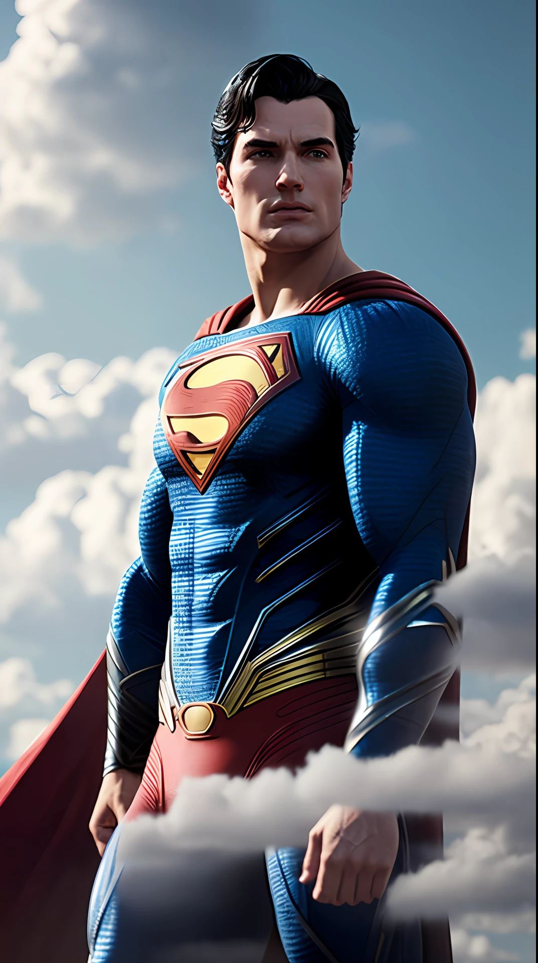 superman, photography, in the background a sky full of clouds, soft lighting, soft details, octane, artstation trending, ultra high detail, ultra realistic, cinematic,16k