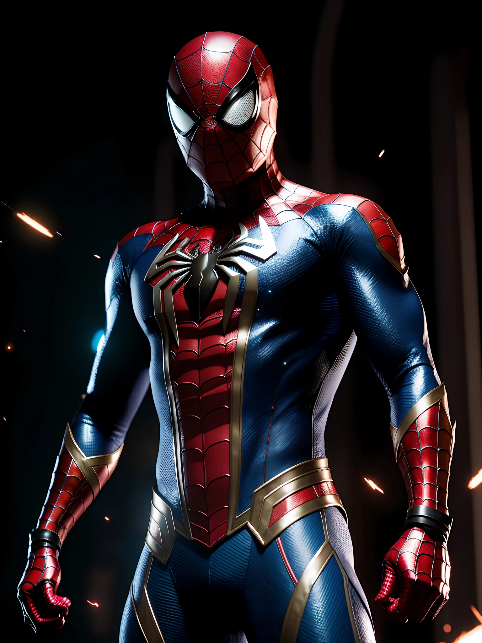 midjourny-v4 style, Professional Photoshot medium a spiderman perfectly played by gwen Stacy with highly detailed intricate cybernetics outfit, highly detailed beautiful face, standing in darkness with black particles surrounded the body, proportional body shape + perfect anatomy, symetrical dynamic pose, volumetric shadow, neon glowing dust particles effect + detailed particles, full hd render + 3d octane render + unreal engine 5 graphic 4k UHD + immense detail + dramatic lighting + well lit + intricate + fine details + octane render + Ray tracing + 8k + sharp focus + high vibran contrast, in the style Marvel style, trending on ArtStation