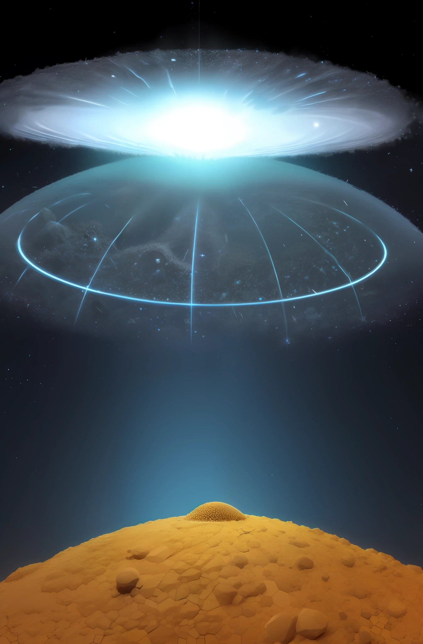 anthill surrounded by a cosmic ray and a transparent, super realistic shield