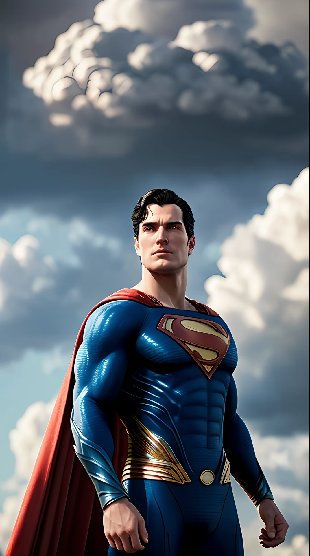 superman, photography, in the background a sky full of clouds, soft lighting, soft details, octane, artstation trending, ultra high detail, ultra realistic, cinematic,16k