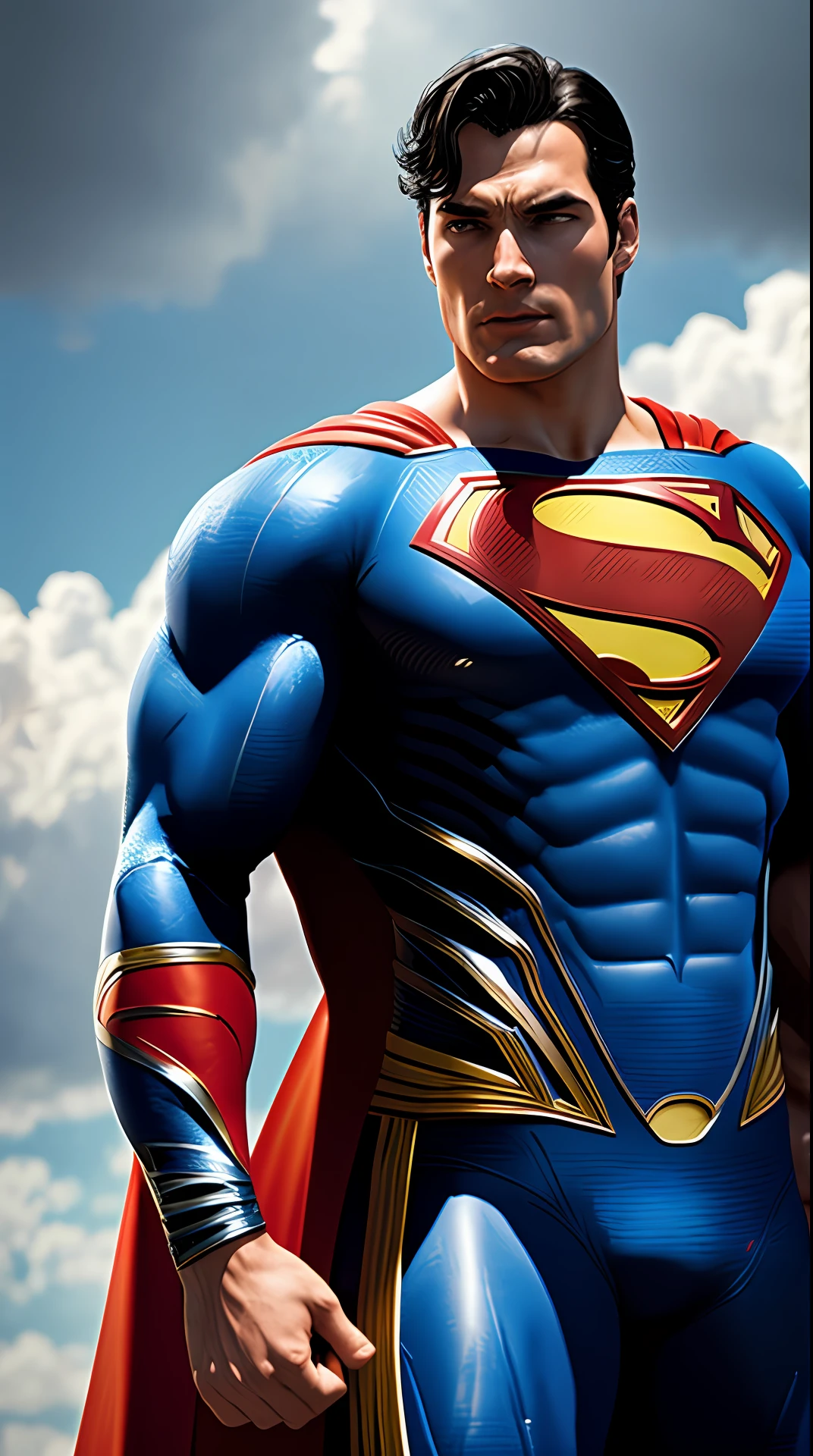 superman super strong, muscular, photography, in the background a sky full of clouds, soft lighting, soft details, octane, artstation trending, ultra high detail, ultra realistic, cinematic,16k