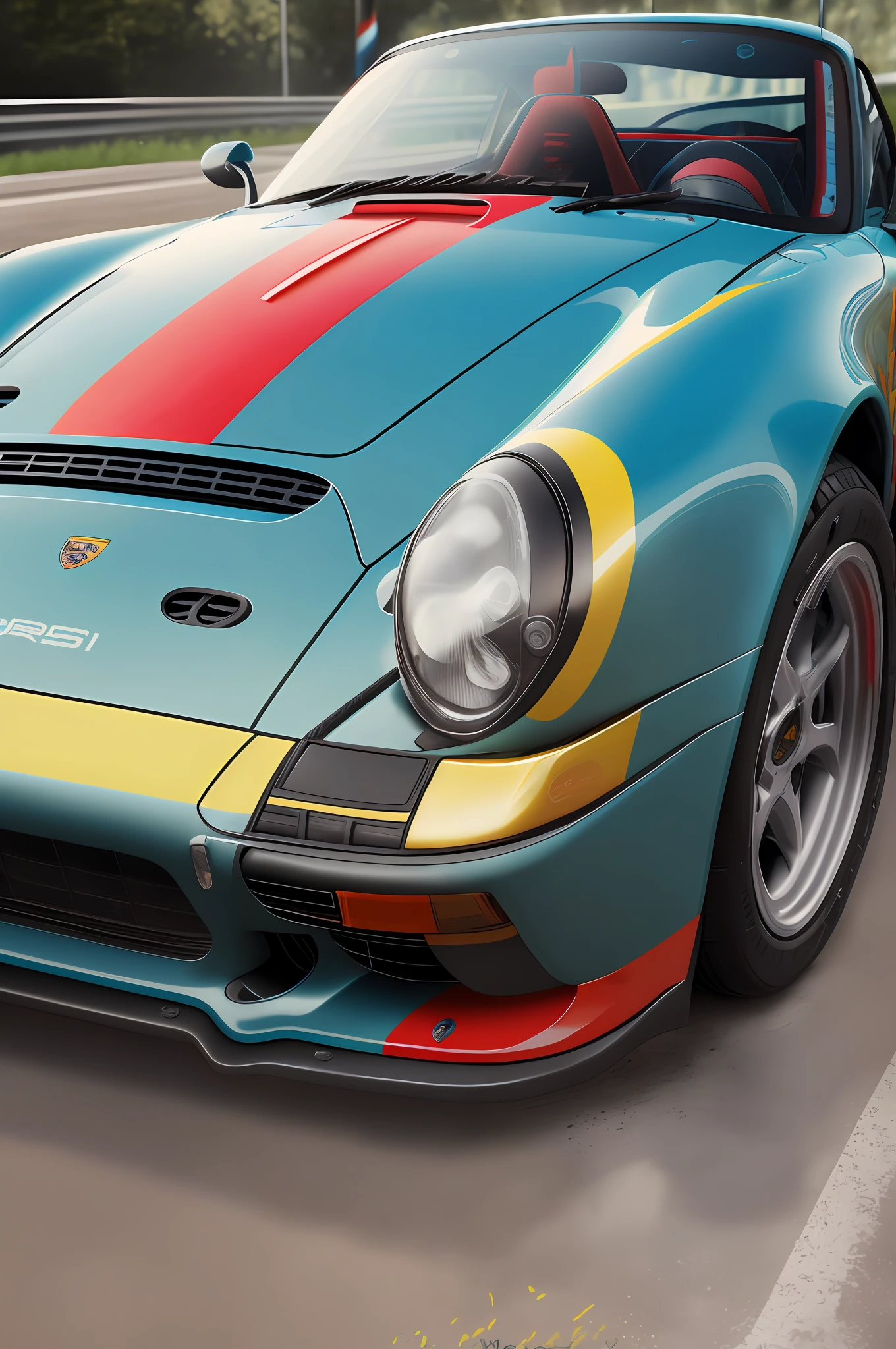 arafed sports car with a colorful stripe on the hood, porsche rsr, highly detailed hyper real retro, photorealistic detail, hyper realistic detailed render, closeup shot, photorealistic details, photorealistic illustration, detail render, photorealistic hyperdetail, hyper realistic detail, photorealistic colors, photorealistic details content, high detail render, high-body detail