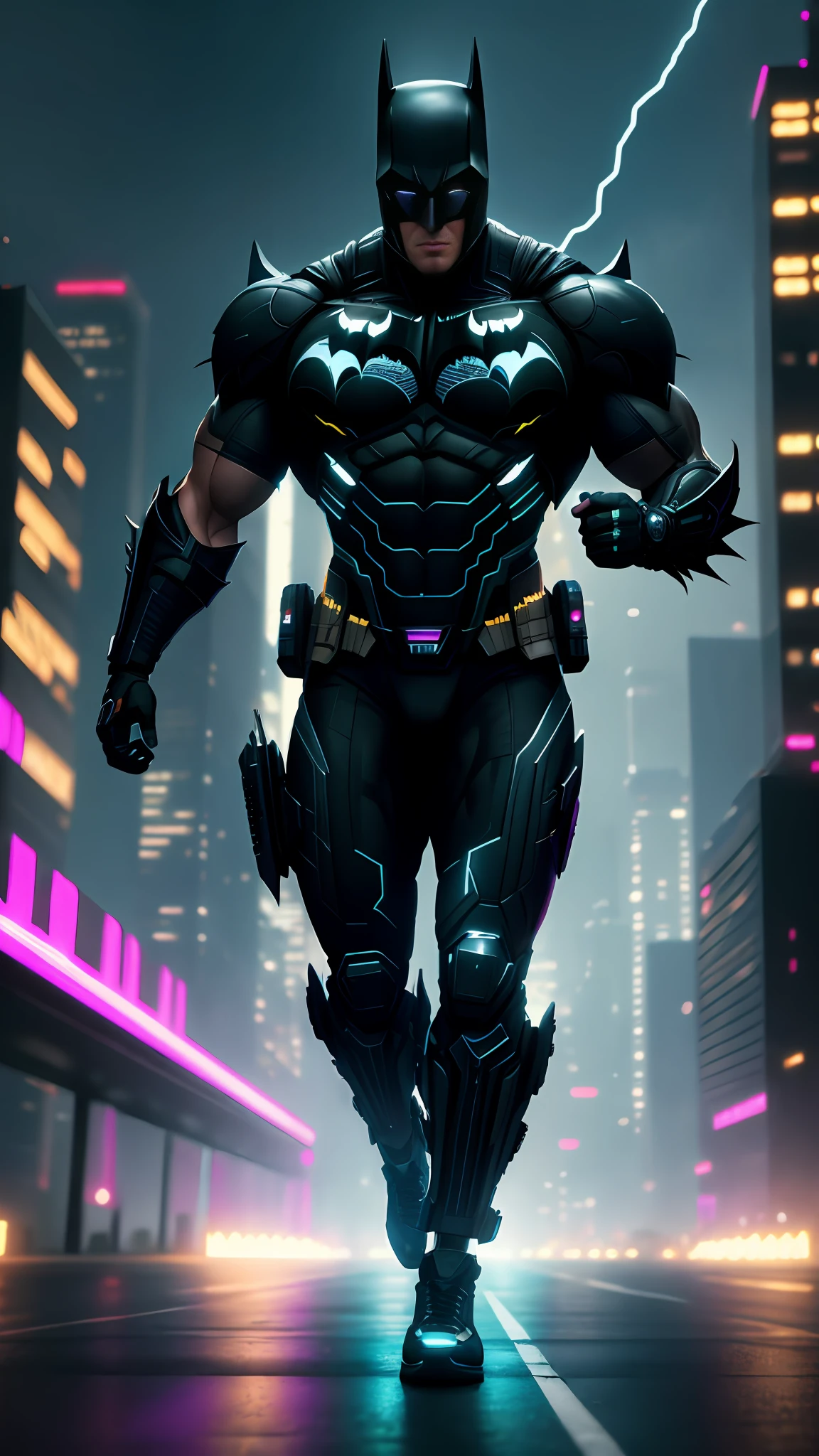 cyberpunk batman, bodybuilder, running, in the background a city, lightning in the sky, ultra details, ultra realistic, cinematic , octane render, 16