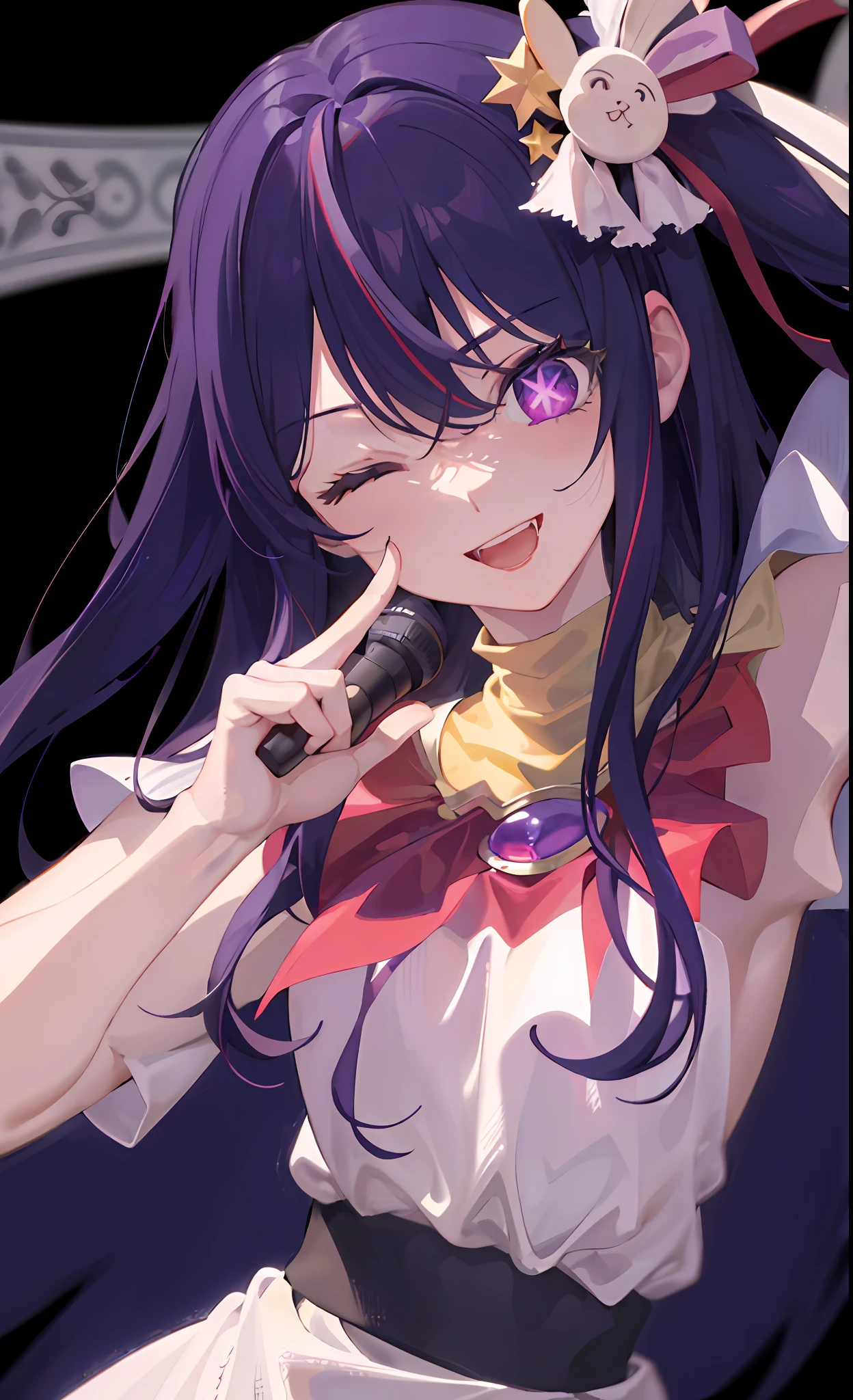 (best quality:1.4, masterpiece, 4k, details), Hoshino Ai, long hair, purple hair, streaked hair ,purple eyes, star-shaped pupils, hair ornament, on stage, smile, right hand pointing at camera, one eye closed, holding a mic with the left hand,close up shot, extremely detailed eyes, glowing eyes, highest quality digital art, Stunning art, wallpaper 4k