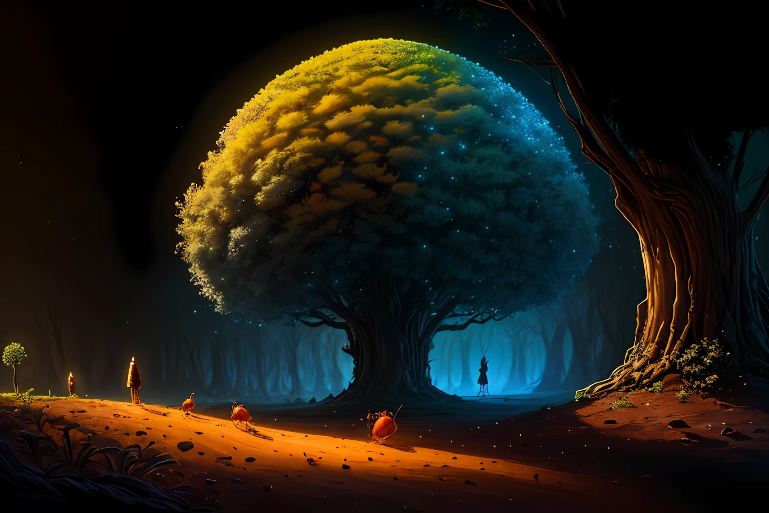 anthill, Big scale, hight details, shield on the anthill, transparent, Ambient reflective lights, high detail-imagine, drawn texture, High colors, ants walking, giant tree in the background, drawing, hd