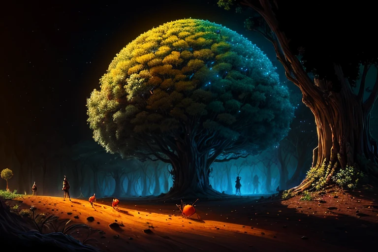 anthill, Big scale, hight details, shield on the anthill, transparent, Ambient reflective lights, high detail-imagine, drawn texture, High colors, ants walking, giant tree in the background, drawing, hd