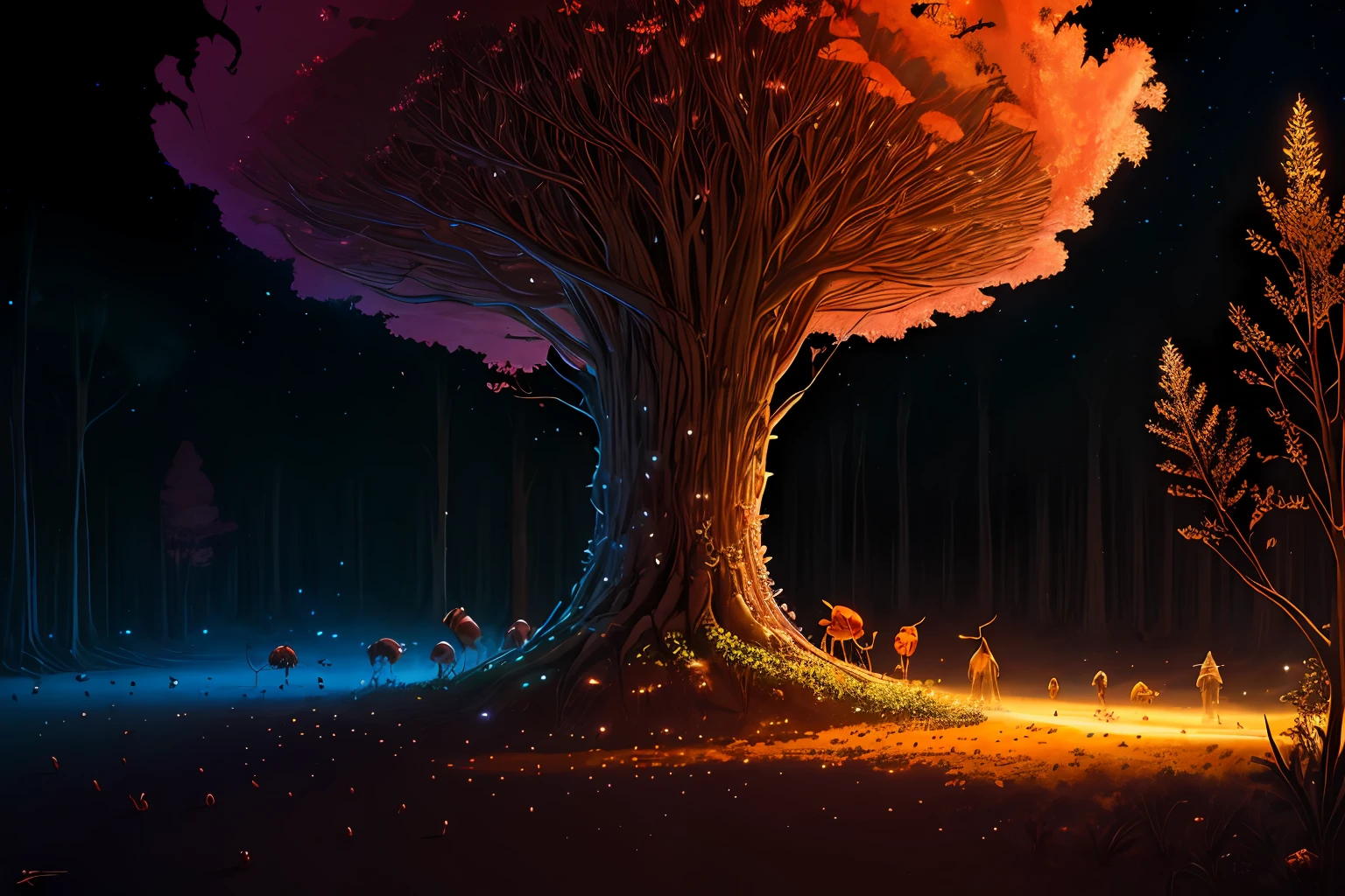 anthill, Big scale, hight details, shield on the anthill, transparent, Ambient reflective lights, high detail-imagine, drawn texture, High colors, ants walking, giant tree in the background, drawing, hd