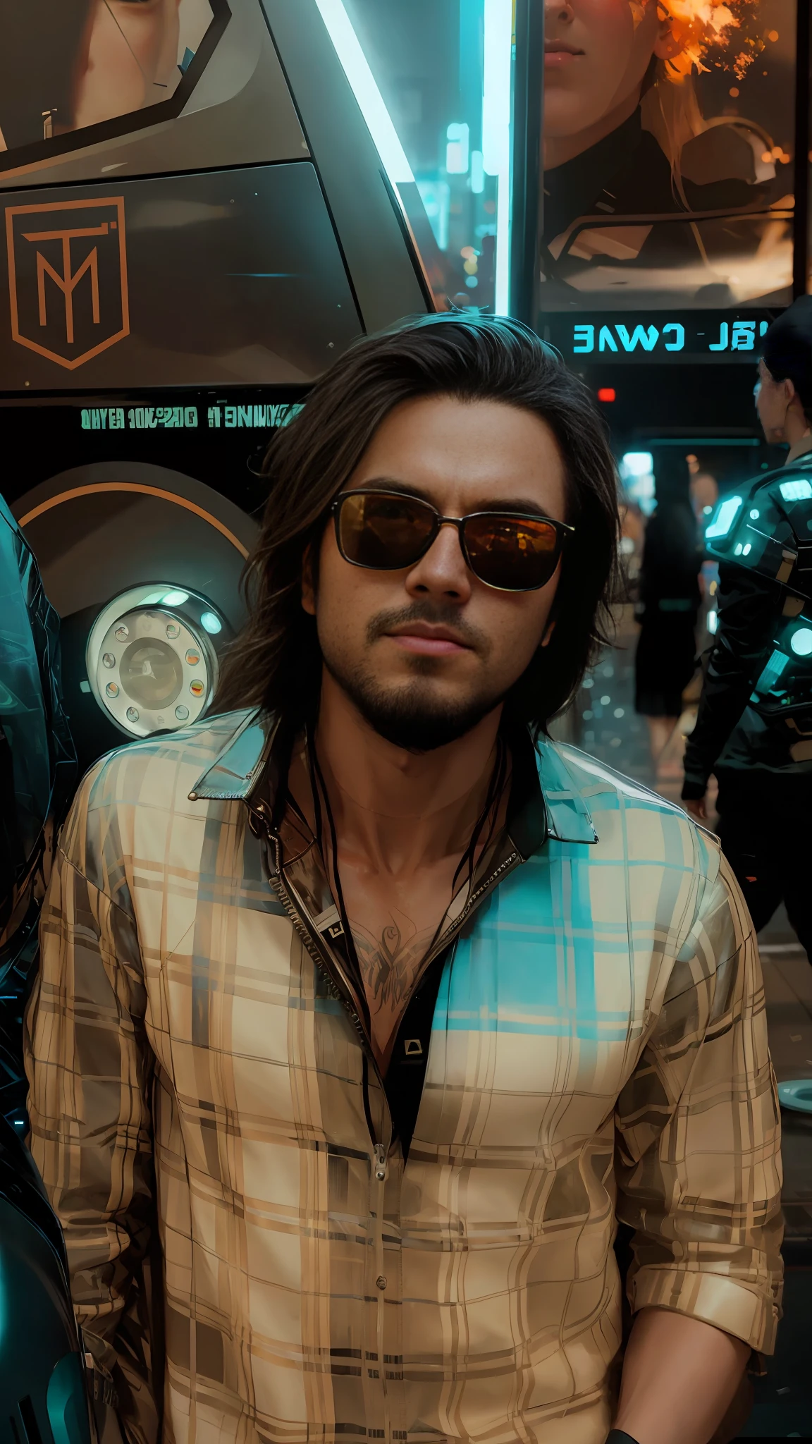 1 boy, looking at viewer, background, style of cyberpunk 2077, wearing sunglasses, wearing leather jacket, brown leather jacket, cinematic lights on face, vhs effect, (poster: 1.2), wall poster, nostalgia, movie poster, (skin texture), intricate detail, fine detail, hyperdetailed, ray tracing, underground scattering, diffused soft lighting, Shallow depth of field , by (Oliver Wetter) professional majestic oil painting by Ed Blinkey, Atey Ghailan, Studio Ghibli, by Jeremy Mann, Greg Manches, Antonio Moro, trending on ArtStation, trending on CGSociety, Intricate, High Detail, Sharp focus, dramatic, photorealistic painting art by (greg rutkowski:1.4), bokeh
