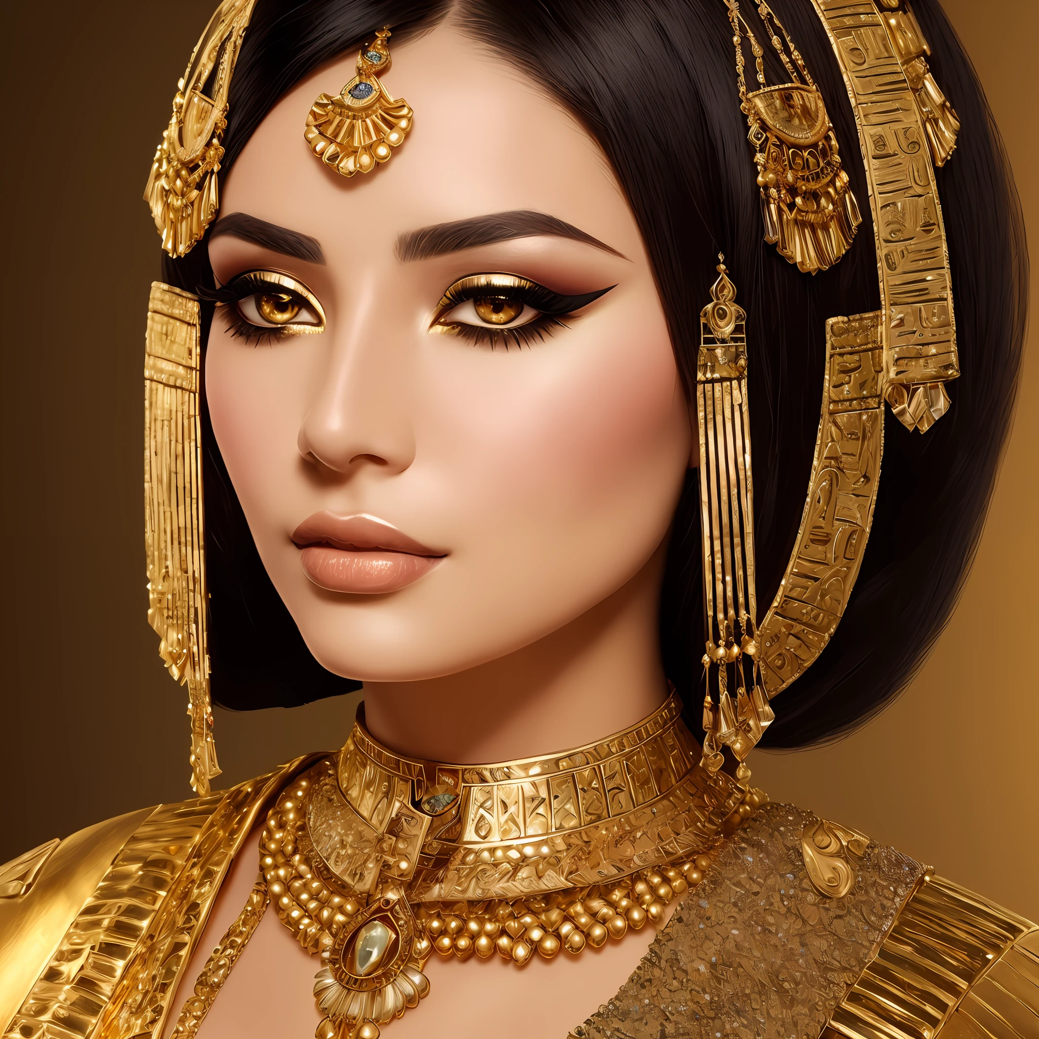 [(Egyptian lady),portrait,detailed and realistic,beautiful face, dark hair,(eye makeup:1.2),(golden jewelry:1.3),(sensual lips), (enigmatic expression), shadow and light contrast,neutral background:0.5, elegant and detailed clothing:last dynasty)]:0.7