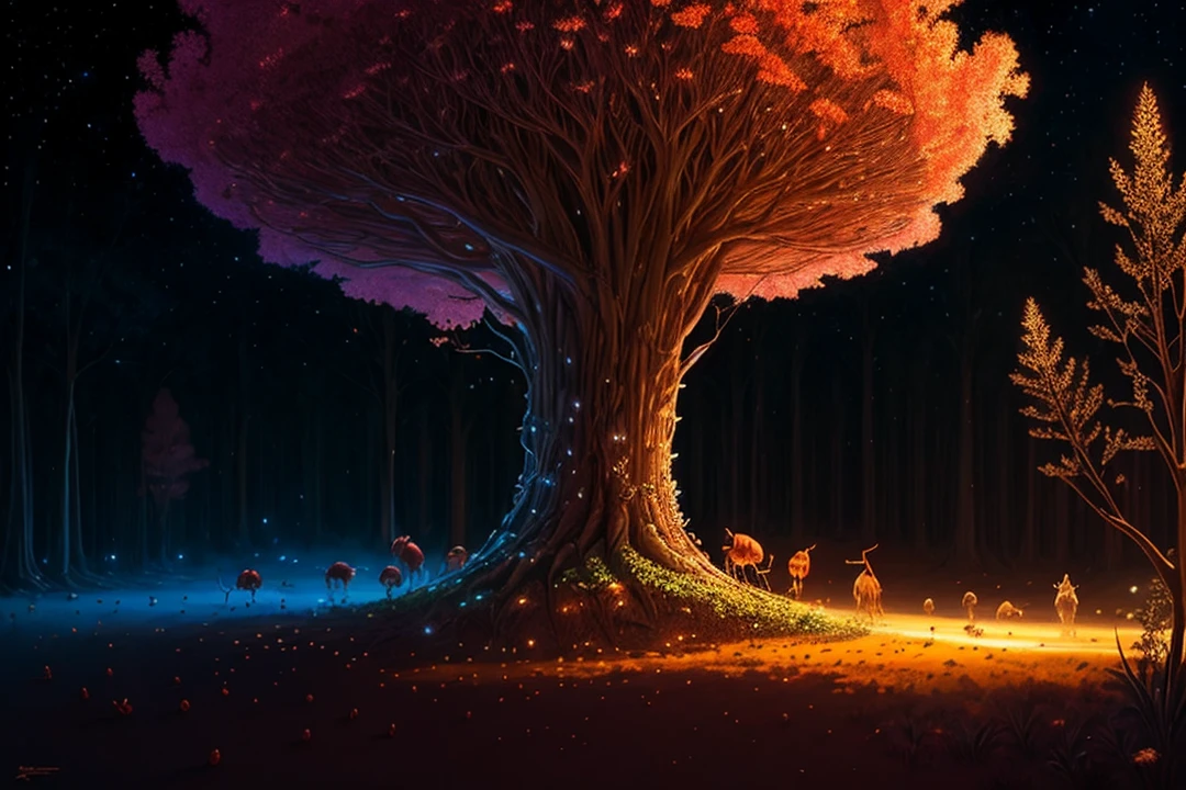 anthill, Big scale, hight details, shield on the anthill, transparent, Ambient reflective lights, high detail-imagine, drawn texture, High colors, ants walking, giant tree in the background, drawing, hd