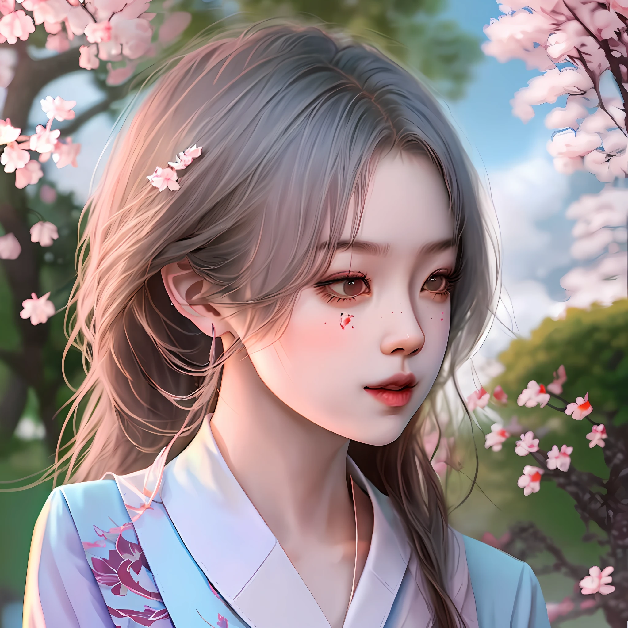 midshot of a stuningly beautiful asian girl with scholar uniform in running pose, garden with cherry trees, ultra detailed illustration by Loish and Chris Sanders, volumetric lights, soft tetrad colors, best quality, high definition, sharp focus