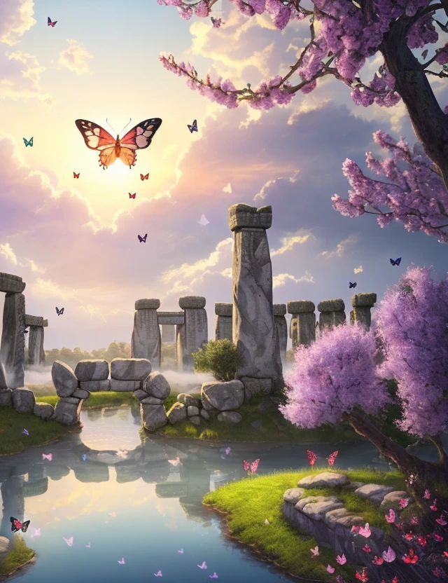 masterpiece, best quality,((masterpiece)),(best quality), (illustration:1.4),((extremely detailed CG unity 4k wallpaper)),(cinematic lighting),official_art, huge_filesize, (elf),(Butterfly wings:1.3),((Bramble corolla)),,flower on face,blonde hair,forest,river,beautiful detailed flowery meadow,lake,(floating petal),flowers,wind,cumulonimbus cloud,sunlight,medium breasts,(Stonehenge:1.05),tiara,floating in air,fog,White silk clothes,