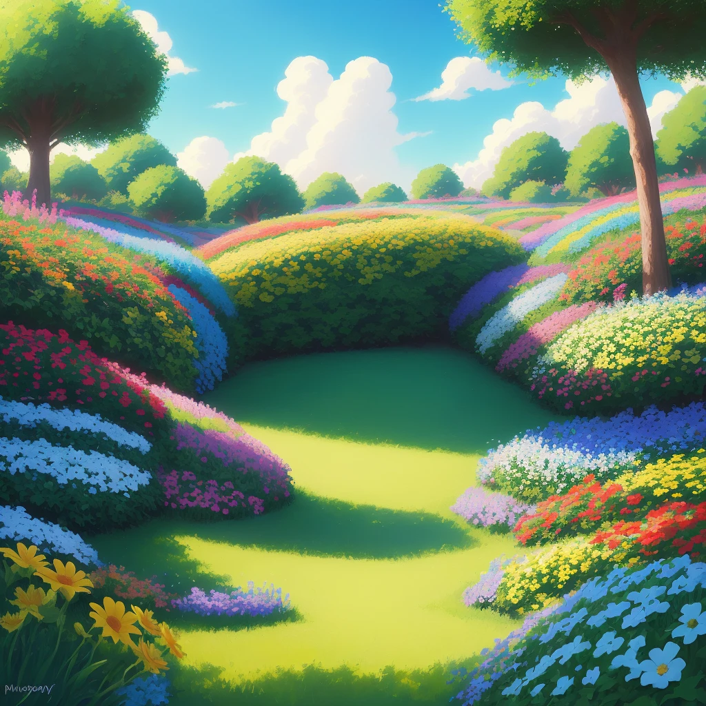 A verdant clearing with colorful flowers and a bright blue sky. Pixar Style, Disney