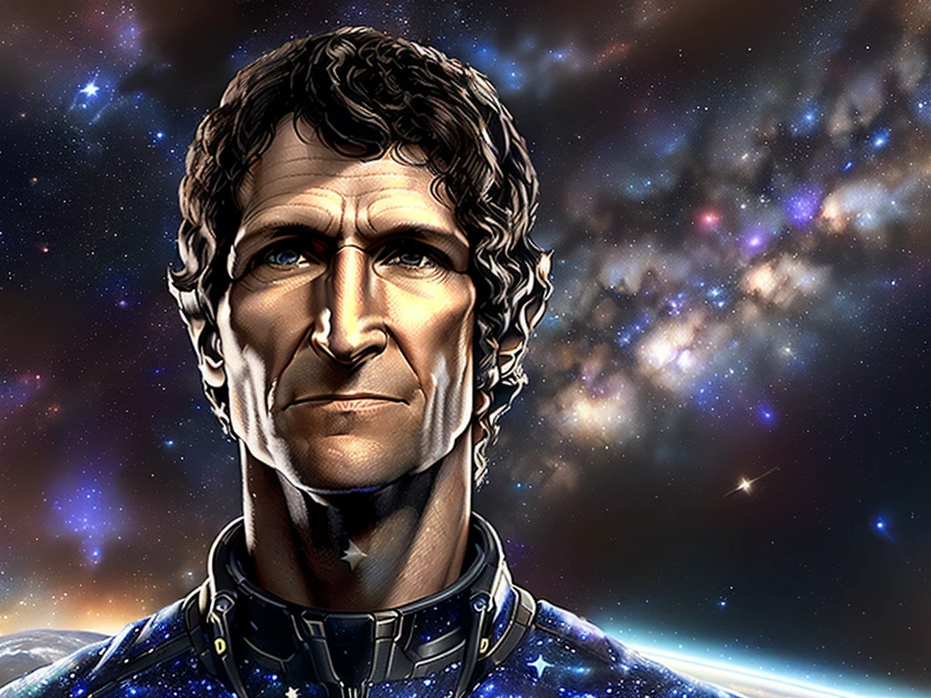 "(close-up:1.2, portrait, Todd Howard:1.3), smiling, with a gaze fixed on a magnificent (space background:1.5) filled with sparkling (stars:1.4), capturing the wonder and amazement in his eyes up close."