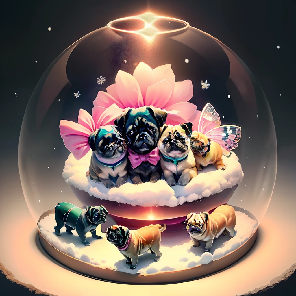 Four pug puppies with a pink bow between their ears are sitting inside a snow globe near an anthill, around it is a transparent ball on which butterflies are sitting, cartoon