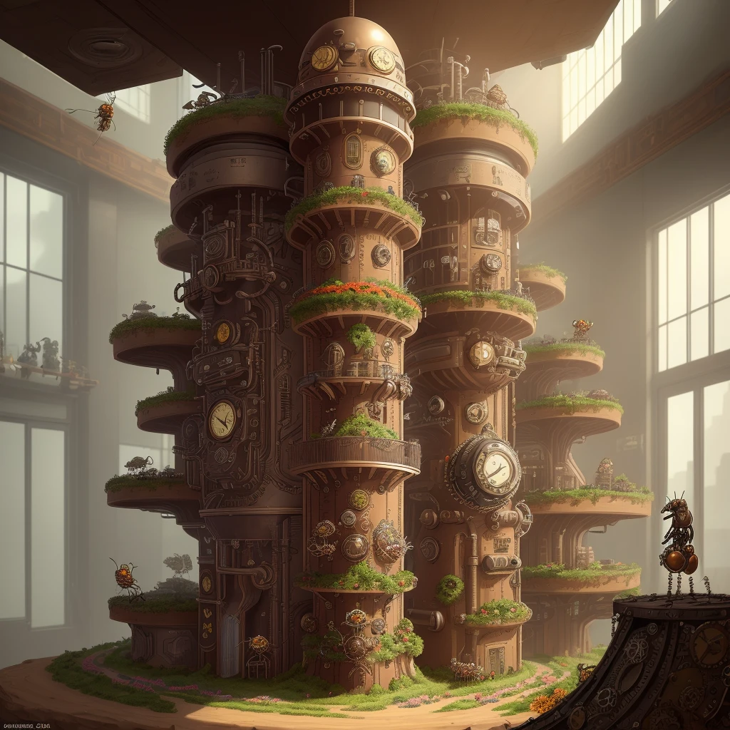 An automated and detailed ant colony ruled by endless metal cogs is created in a steampunk world filled with flowers.