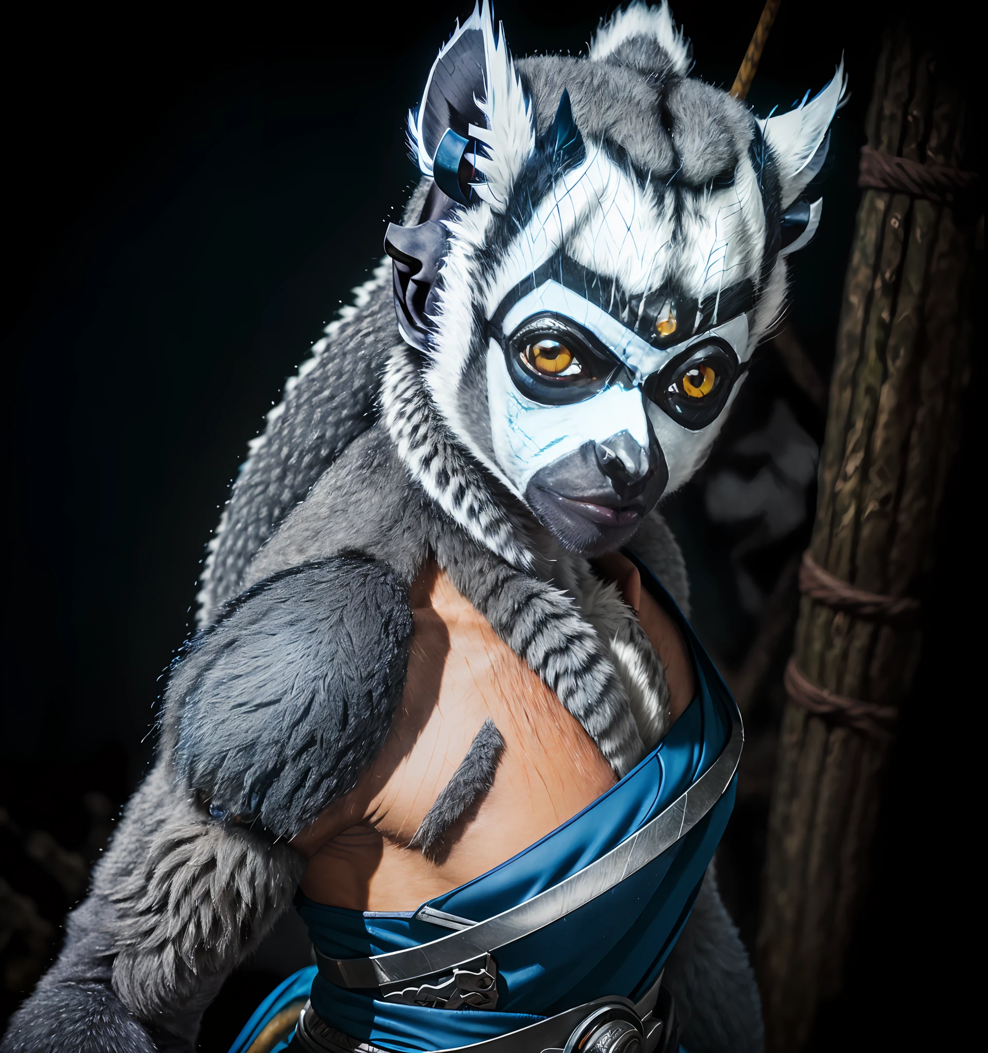 portrait of an anthro lemur creature in a blue Ninja suit, bo staff, (((lemur head))),battle face, ((one eye)), ((grim expression)), ((aggressive)), ((furry)), azumichan1, (close up shot), damaged, muscle, god, elder, epic realistic, faded, (((hdr))), hyperdetailed, cinematic, warm lights, anime, muscle, azumichan1