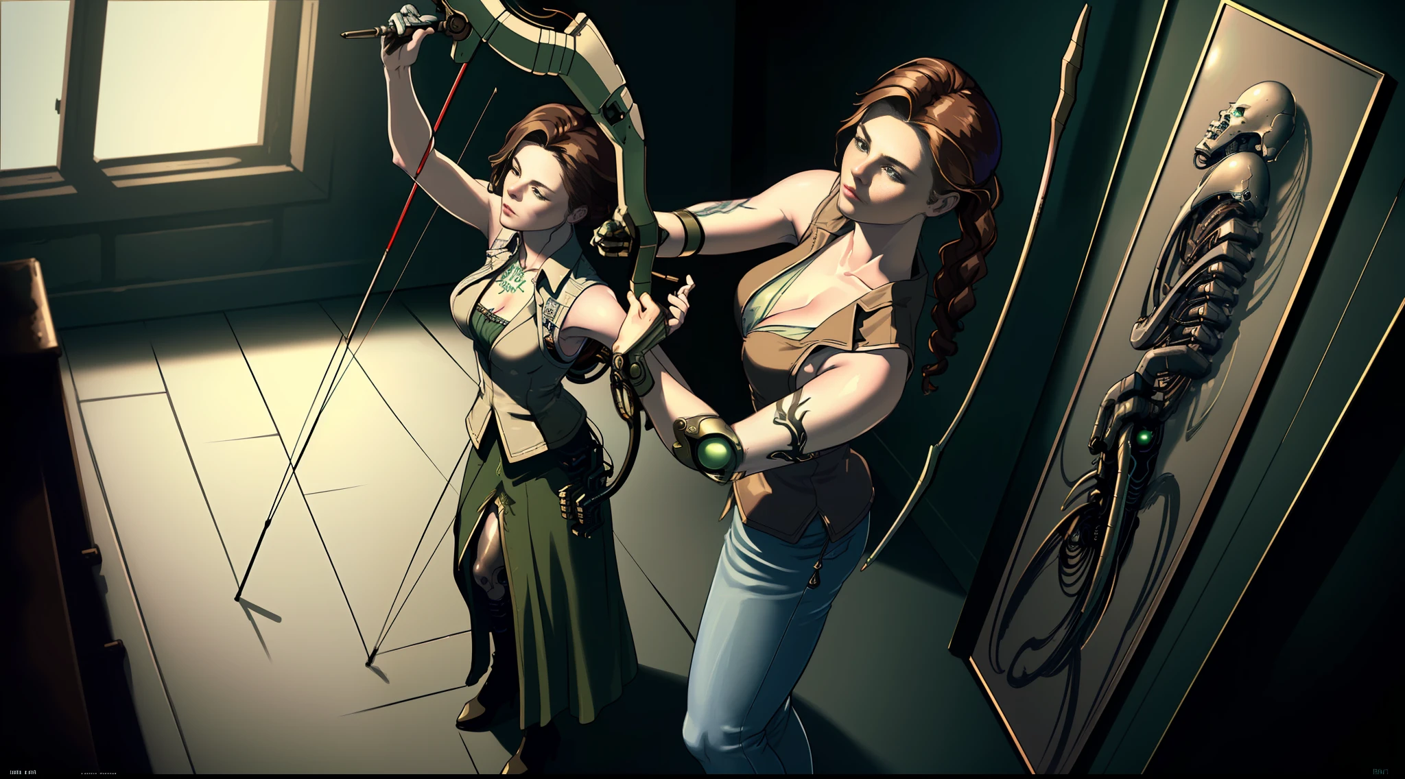 ultra-detailed fixture of beautiful stylish archer woman in old house, (brown hair low: 1.3), (arms defined: 1.1), dress (jean vest color green: 1.3) and long skirts, tattoo (cyberpunk archery: 1.1) ), two arrows in his hands , 150mm, beautiful soft studio light, rim light, bright details, luxury cyberpunk, , hyperrealistic, anatomical, facial muscles, elegant, beautiful background, octane rendering, HR style Giger, 8k, best quality, masterpiece, illustration, extremely delicate and beautiful, extremely detailed, CG, unit, wallpaper, (realistic, photorealistic: 1.37), amazing, fine details, masterpiece, best quality, artwork official, extremely detailed 8k wallpaper of unity CG, absurd, incredibly absurd, robot, full body, (high angle: 1.3)