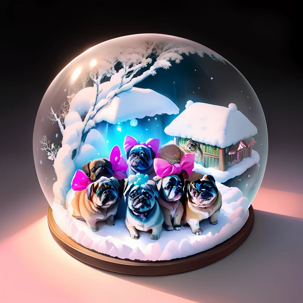 Four pug puppies with a pink bow between their ears are sitting inside a snow globe near an anthill, around it is a transparent ball on which butterflies are sitting, cartoon