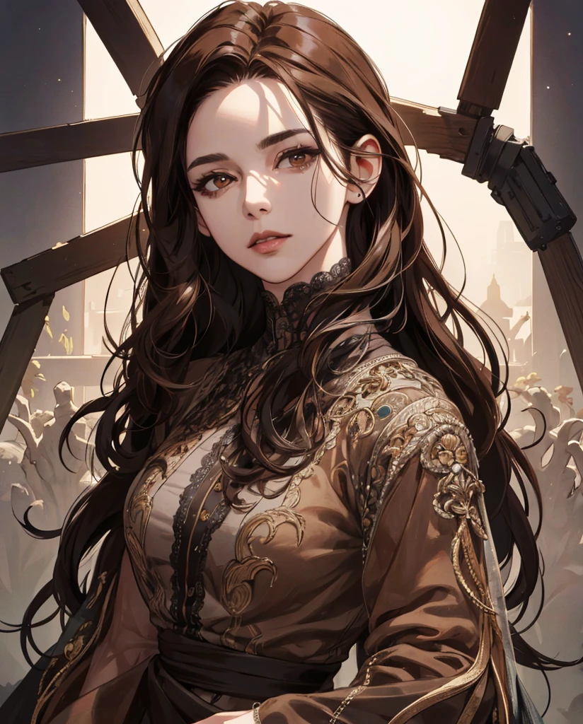 ((Retina)), masterpiece, anatomically correct, textured skin, super detail, high details, high quality, best quality, highres, 4K, (Detailed Lights, Detailed Shadows), 1Woman, Dark Brown Hair, (( Detailed Eyes)), Close-up, Portrait, (Brown Eyes), Extremely Detailed Clothes, ((Modern Clothes)), Beautiful Hair, Detailed Body, Hair Down, Extremely Detailed Background, Beautiful Background, (Long Hair), Half Body, (( Very Old Woman)),