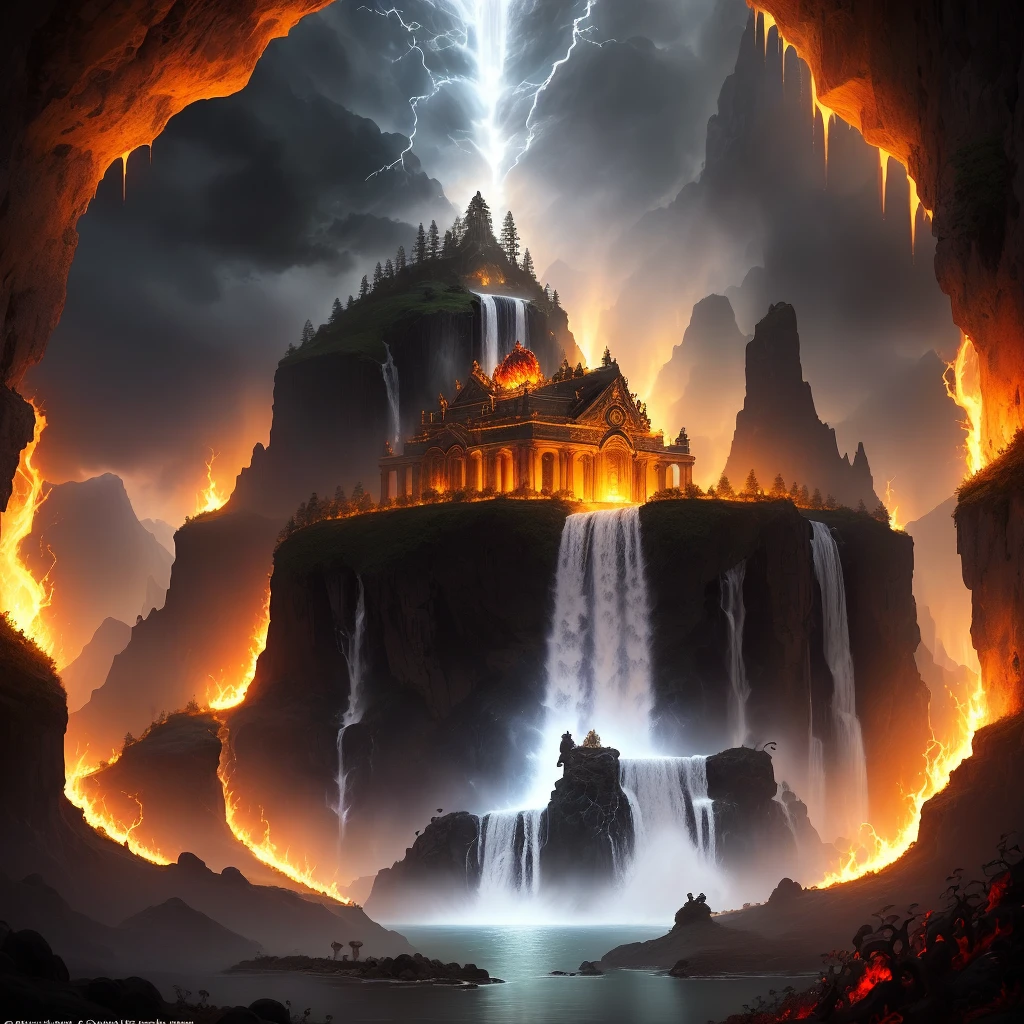 Sanctuary of ants in skull with golden statue of lion on each side, with waterfall and lava waterfall, in a cloudy setting, lightning, fire, skull, white black, red