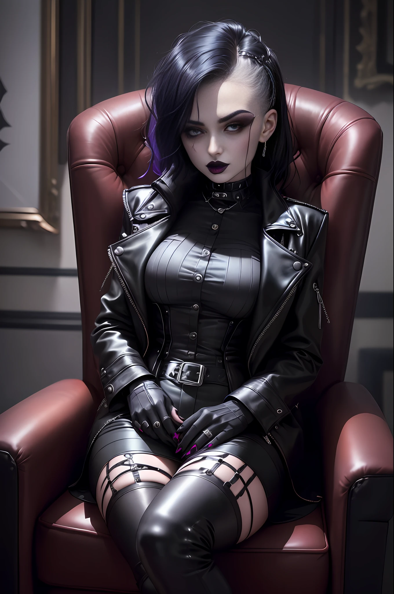 arafed woman with black lipstick and a black jacket sitting on a chair, darkwave goth aesthetic, goth aesthetic, goth girl aesthetic, 19 - year - old goth girl, gothic horror vibes, androgynous vampire, gothic aesthetic, ominous gothic aesthetic, goth vibe, cute goth girl, goth style, 19- year - old anime goth girl