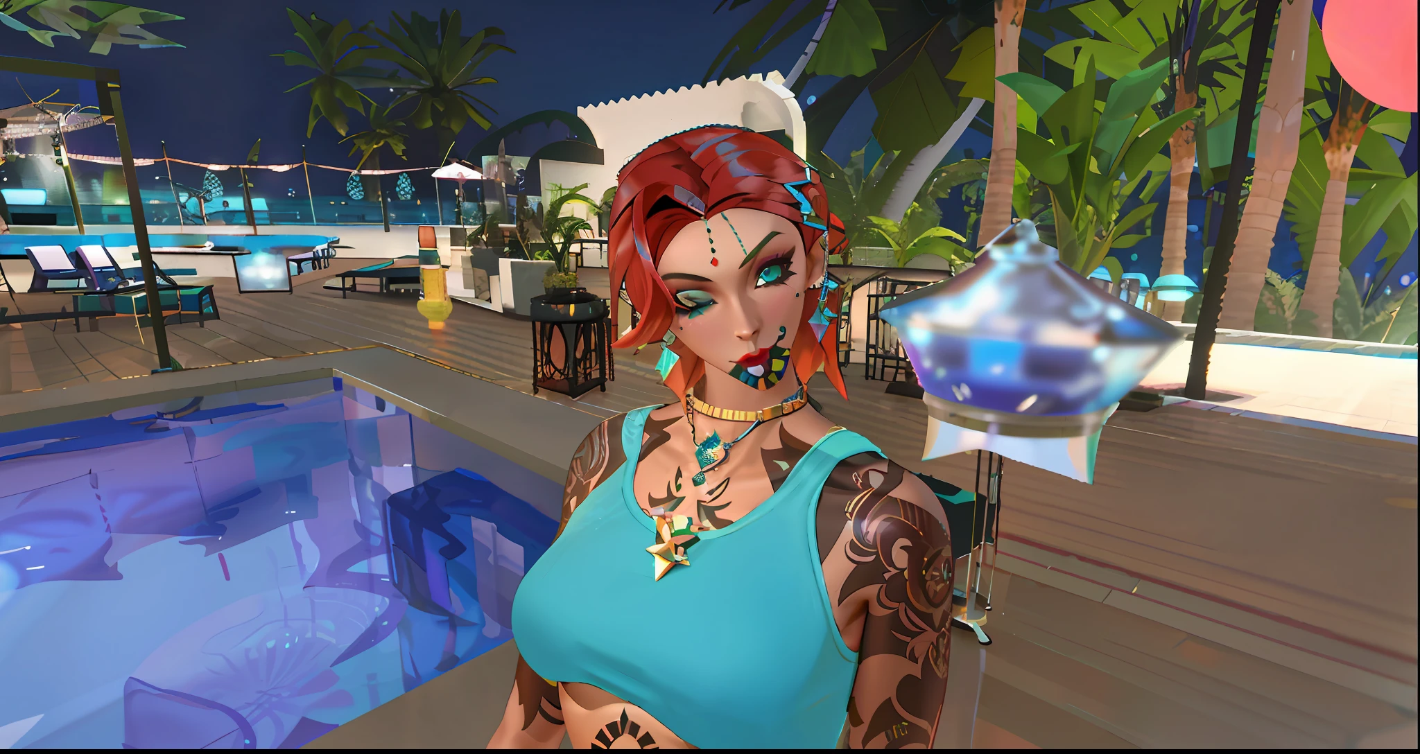 there is a woman with tattoos standing next to a pool, second life avatar, imvu, tanny skin, secondlife, upper body avatar, teal skin, daz, latina skin, devon cady-lee, inspired by Rowena Meeks Abdy, glamor profile pose, close up half body shot, islandpunk, inspired by Dulah Marie Evans