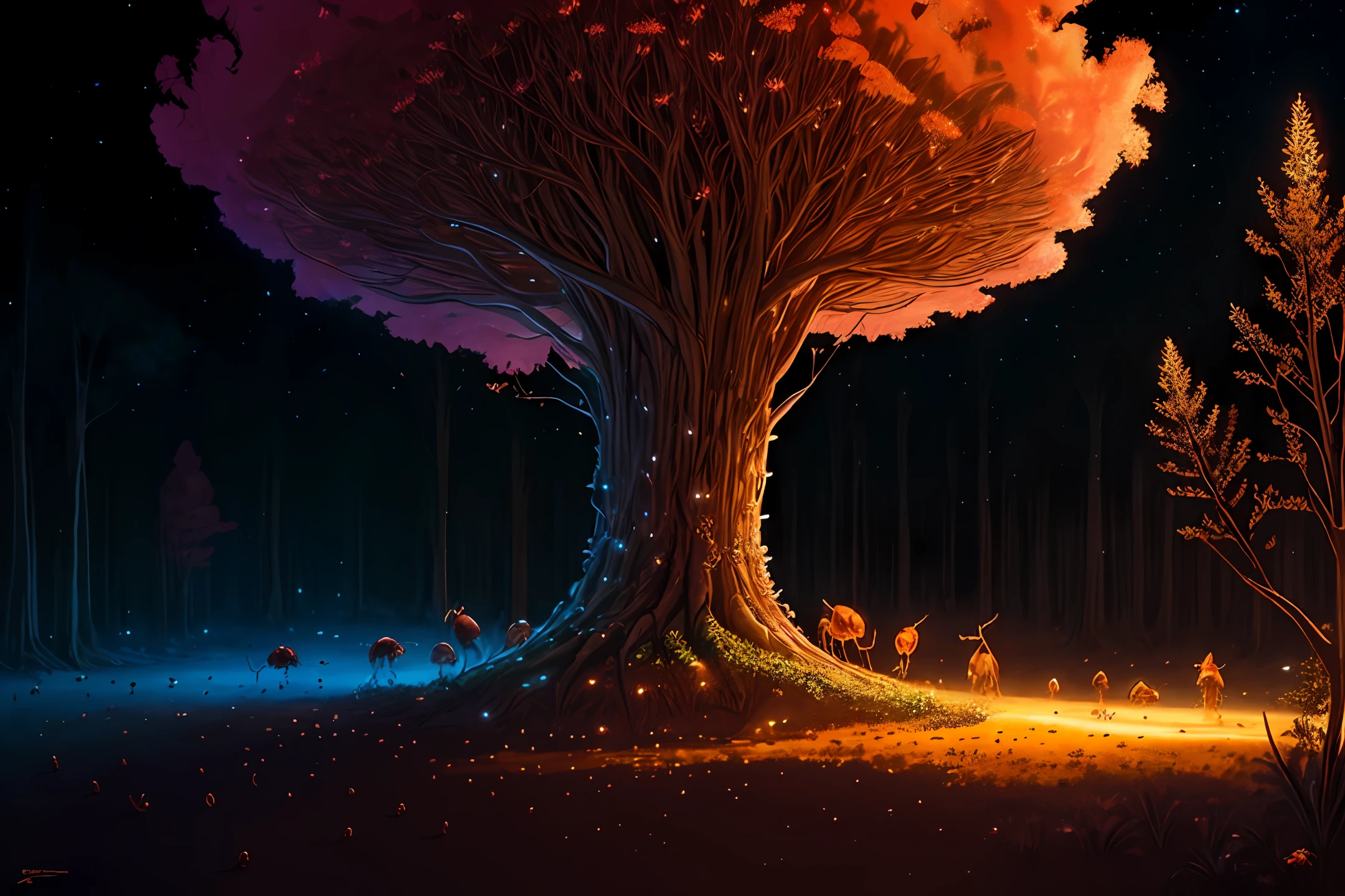 anthill, Big scale, hight details, shield on the anthill, transparent, Ambient reflective lights, high detail-imagine, drawn texture, High colors, ants walking, giant tree in the background, drawing, hd