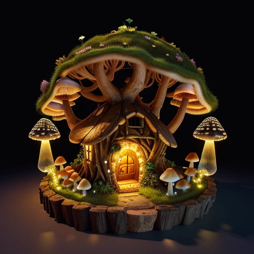 fantasy, 3D, broken tree ant home, hole at the entrance, fairy lights at the bottom, mushrooms growing on the sides, golden cockroach on top