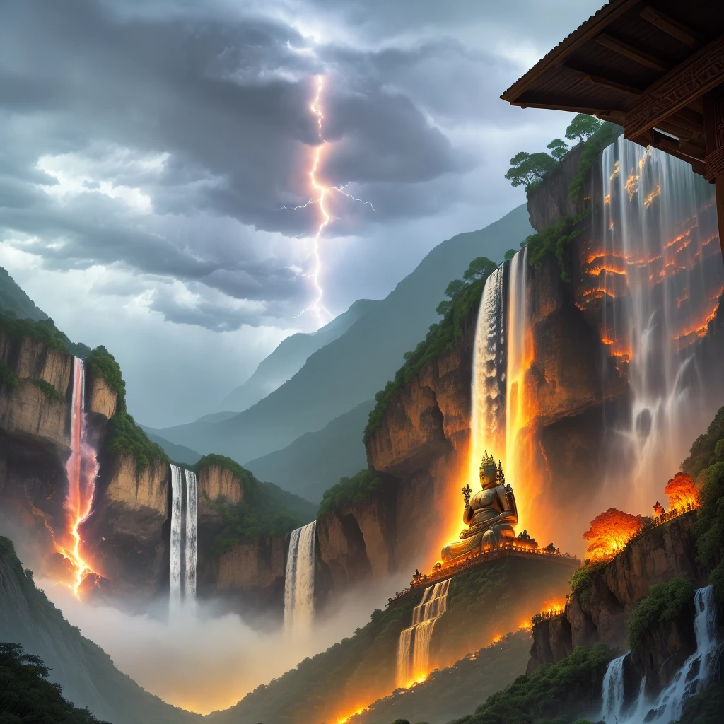 Colony and habitat of ants with ants, buddha amithaba, with lion statue, waterfall, fire waterfall, rainbow, cloudy, lightning, rain, tornado