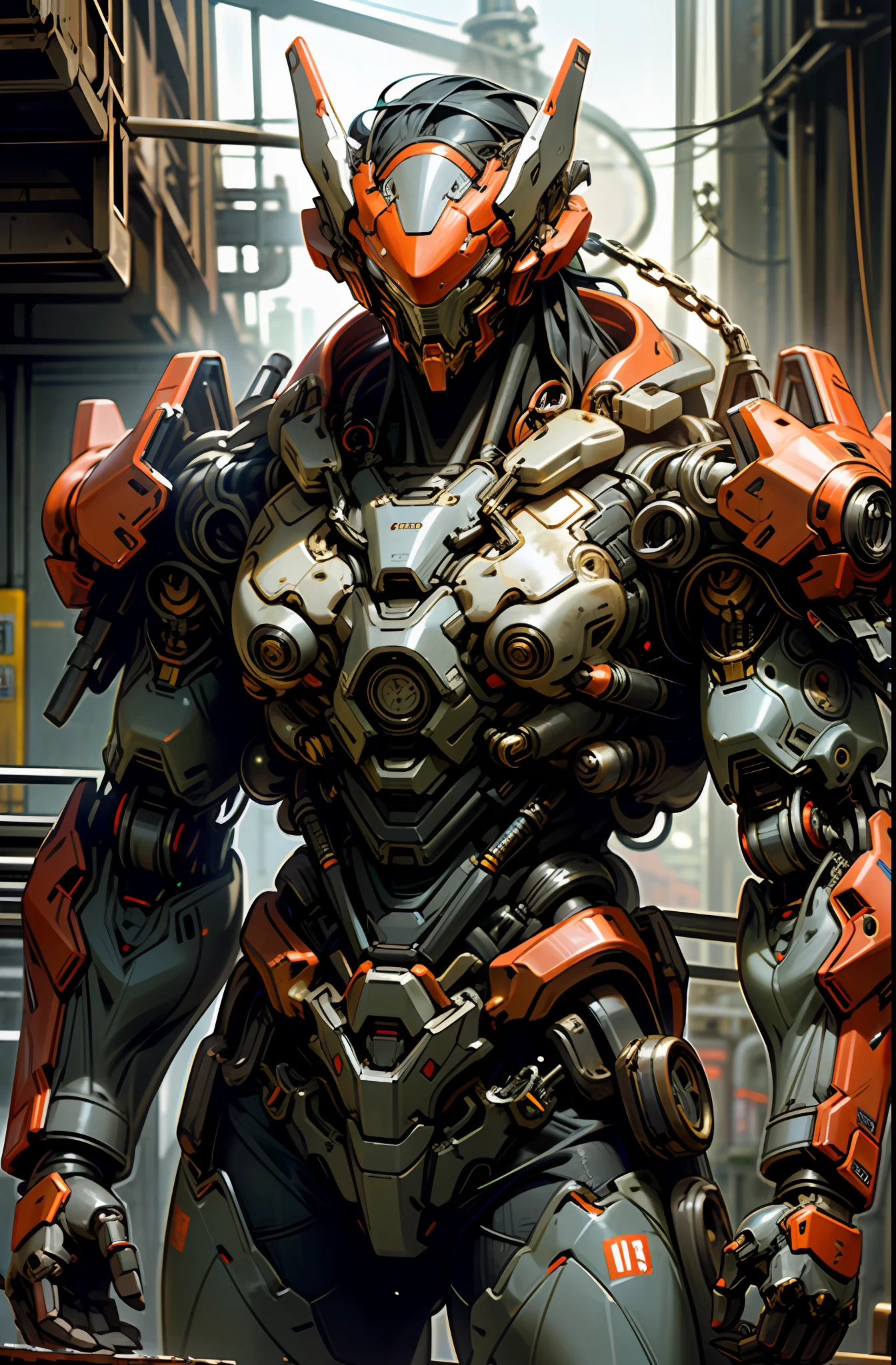 Dark_Fantasy,Cyberpunk,(chain saw,chain saw man,Red:1.1),1man,Mechanical marvel,Robotic presence,Cybernetic guardian, wearing a worn-out mech suit, intricate, (steel metal [rusty]), elegant, clear focus, shot by greg rutkowski, soft lighting, vibrant colors, masterpiece, ((street)), cowboy shot, dynamic pose,