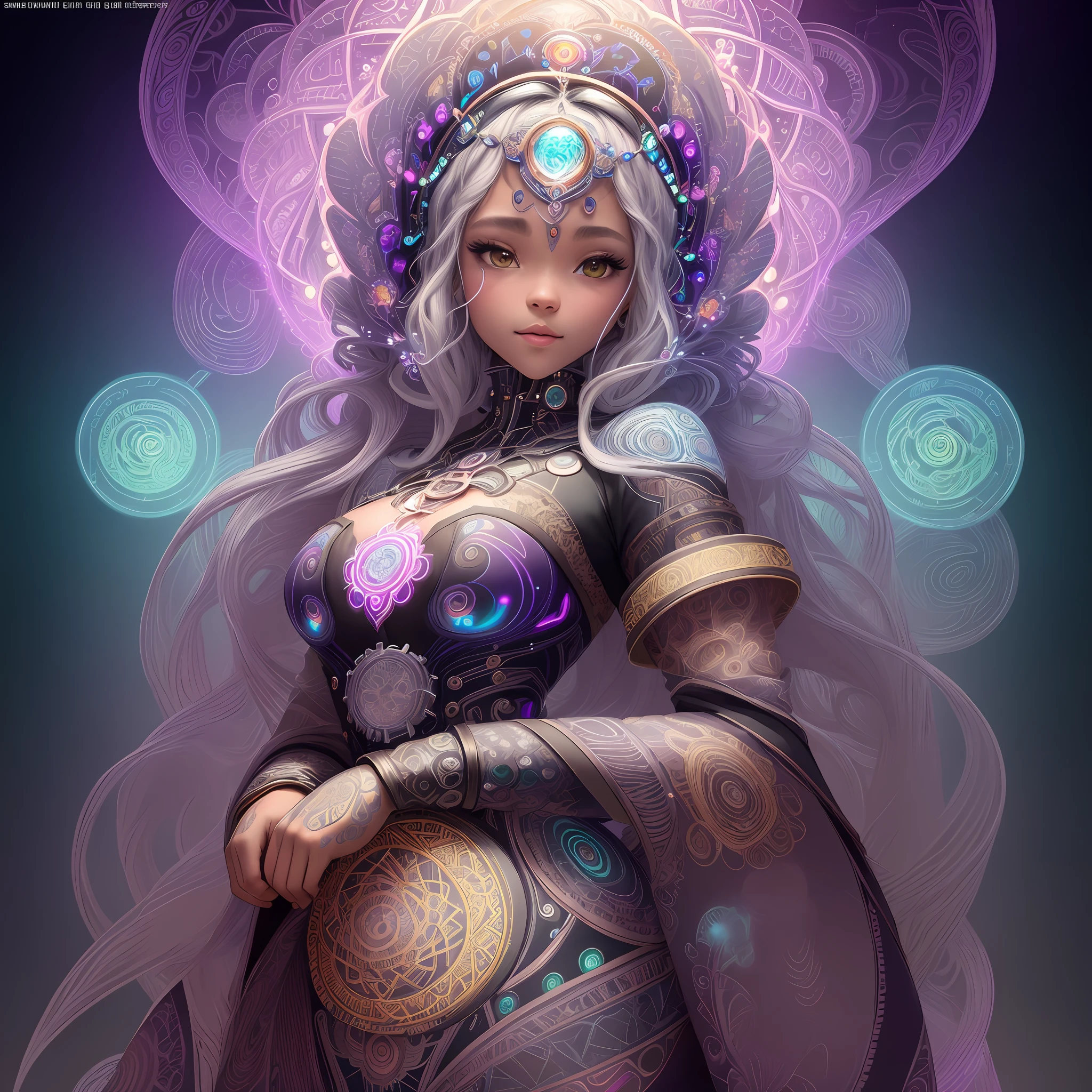 official art, unity 8k wallpaper, ultra detailed, beautiful and aesthetic, masterpiece, best quality, (zentangle, mandala, tangle, entangle), (fractal art:1.3) , 1girl, witch, character design, alphonse mucha, anna dittmann, basquiat, 8k, high angle shot, afrofuturism, agropeople, chaotic, biophilic design, glitter, glowing neon
