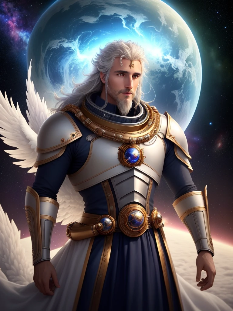 (detailed description) (best quality) man king in wingless space watching planet earth