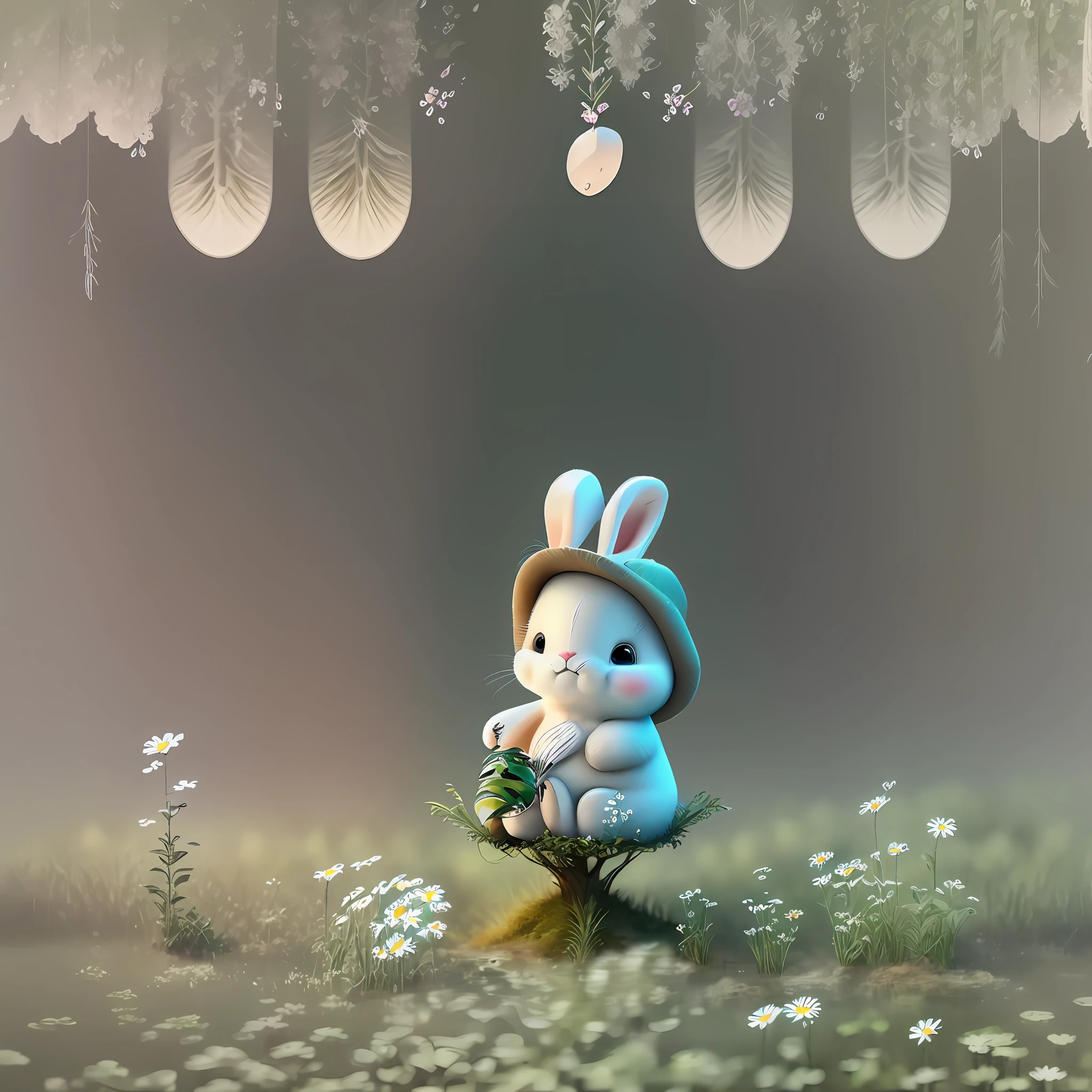 "Please create a realistic image of a forest with beautiful flowering ipês in its various colors. Include colorful ipês, Next to the ipês, draw a beautiful stream with its flowering edges, with daisies and other wild flowers. Ensure that the image conveys the serenity and beauty of nature, with vivid and soft colors, natural details. capturing the harmony and tranquil atmosphere of the setting. The main focus should be " A white bunny, beautiful, delicate, in a backwards cap T-shirt