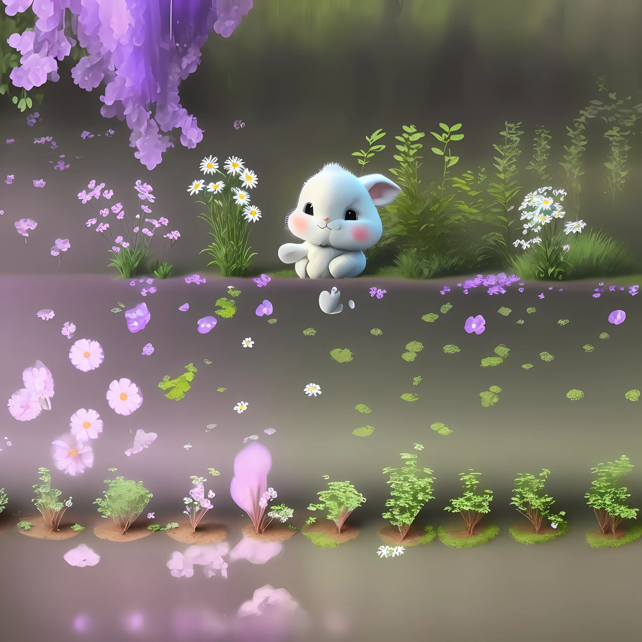 "Please create a realistic image of a forest with beautiful flowering ipês in its various colors. Include purple, yellow, white and pink ipês. Next to the ipês, draw a beautiful stream with its flowering edges, with daisies and other wild flowers. Ensure that the image conveys the serenity and beauty of nature, natural details. ipês and in the creek, capturing the harmony and tranquil atmosphere of the scenery. The main focus should be" A white bunny, beautiful, delicate, with a cap turned back T-shirt