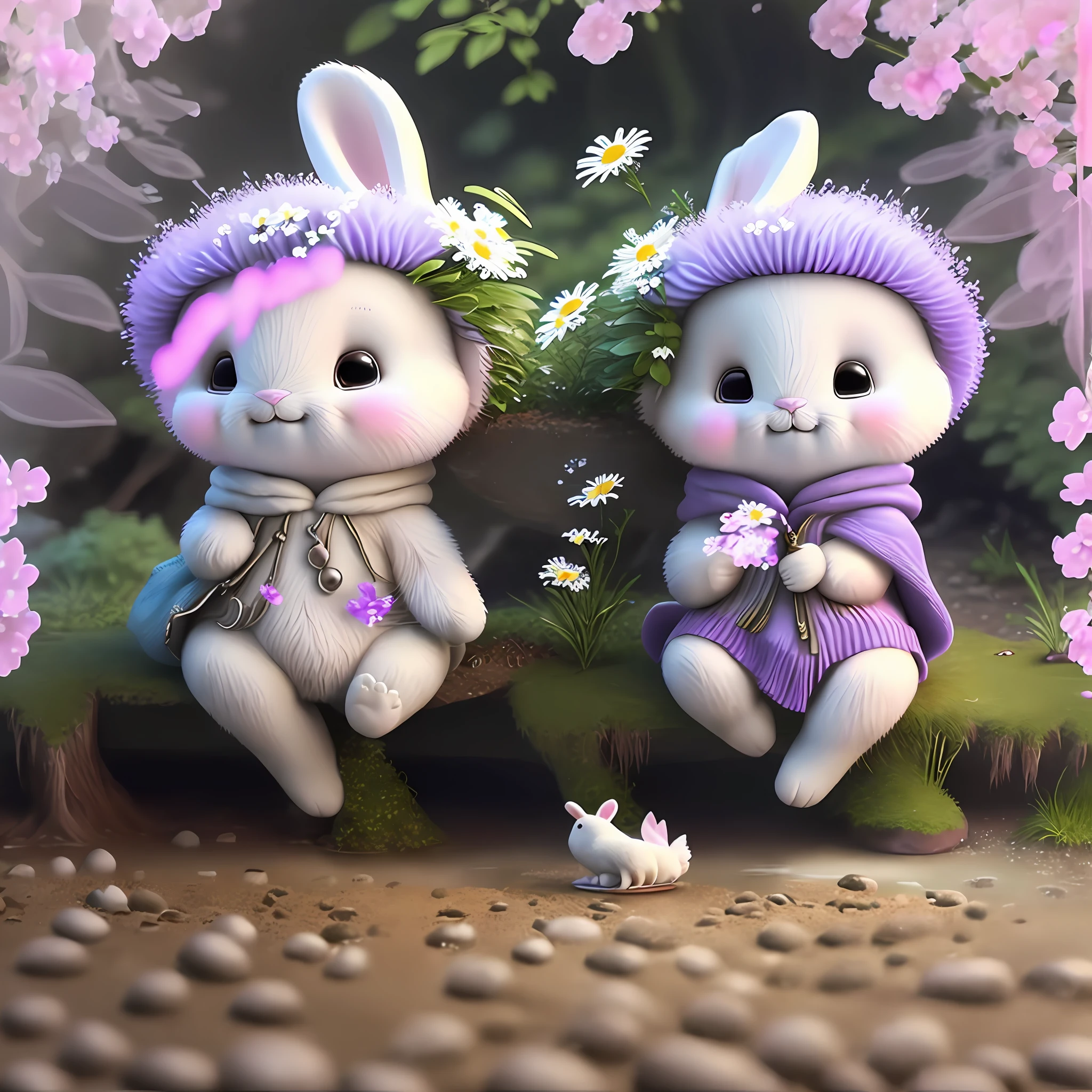 "Please create a realistic image of a forest with beautiful flowering ipês in its various colors. Include purple, yellow, white and pink ipês. Next to the ipês, draw a beautiful stream with its flowering edges, with daisies and other wild flowers. Ensure that the image conveys the serenity and beauty of nature, natural details.   ipês and in the creek, capturing the harmony and tranquil atmosphere of the scenery. The main focus should be" A white bunny, beautiful, delicate, with a cap turned back T-shirt