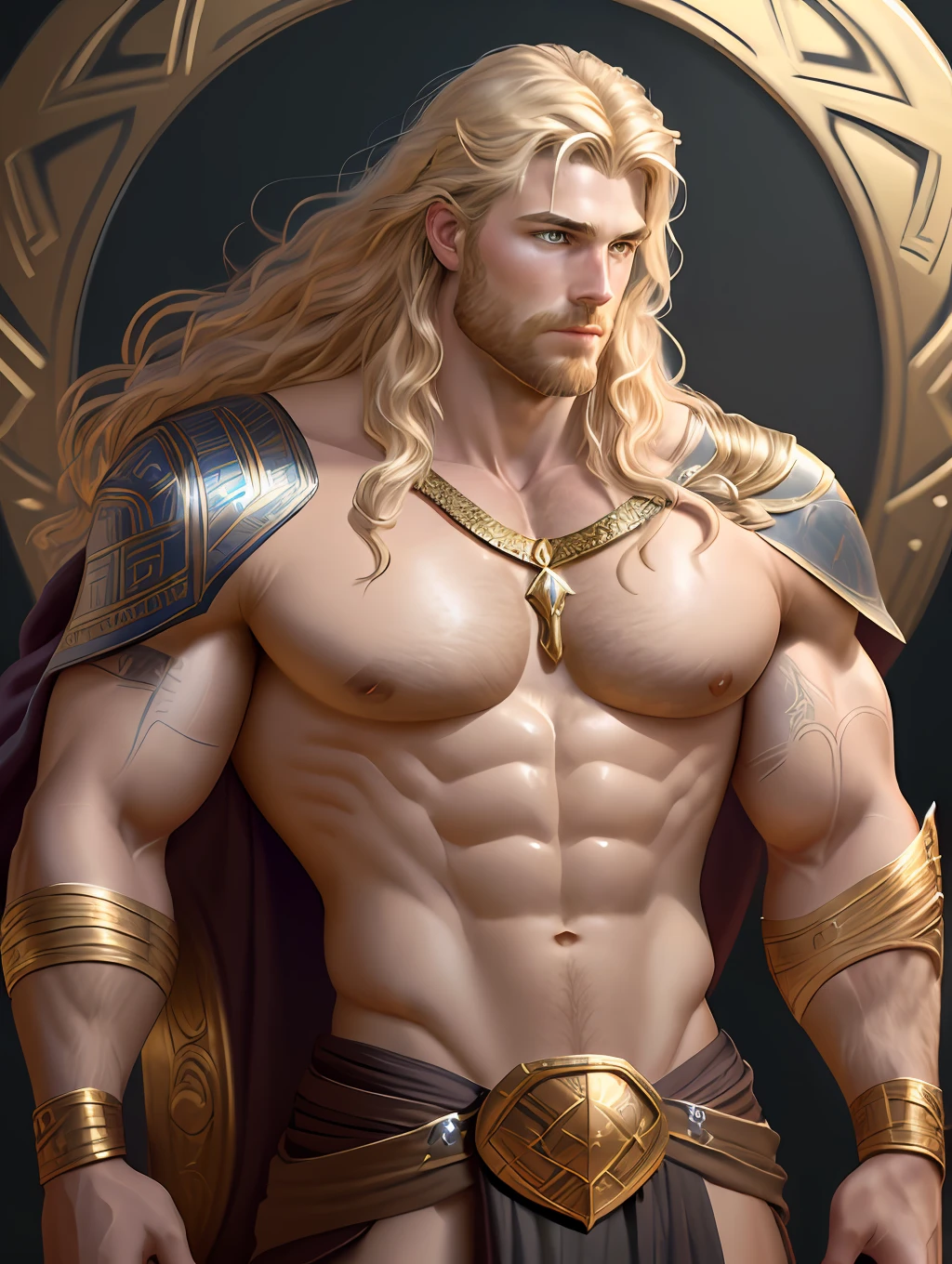painted portrait of a stout Thor, god of thunder, young greek god, blond windy hair, male, insanely handsome, upper body, muscular, hairy torso, fantasy, intricate, elegant, highly detailed, digital painting, art station, concept art, soft, sharp focus, illustration, gold fabric and jewelry art by Gaston Bussiere and Alphonse Mucha