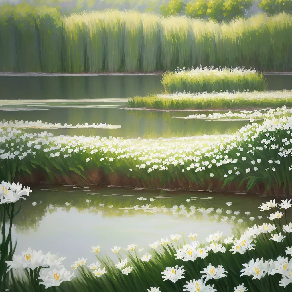 Paint a Claude Monet-inspired artwork, recreating his style of impressionism with a scene of a river filled with partially yellowish white and white lilies in the foreground and a blurred horizon in the background.