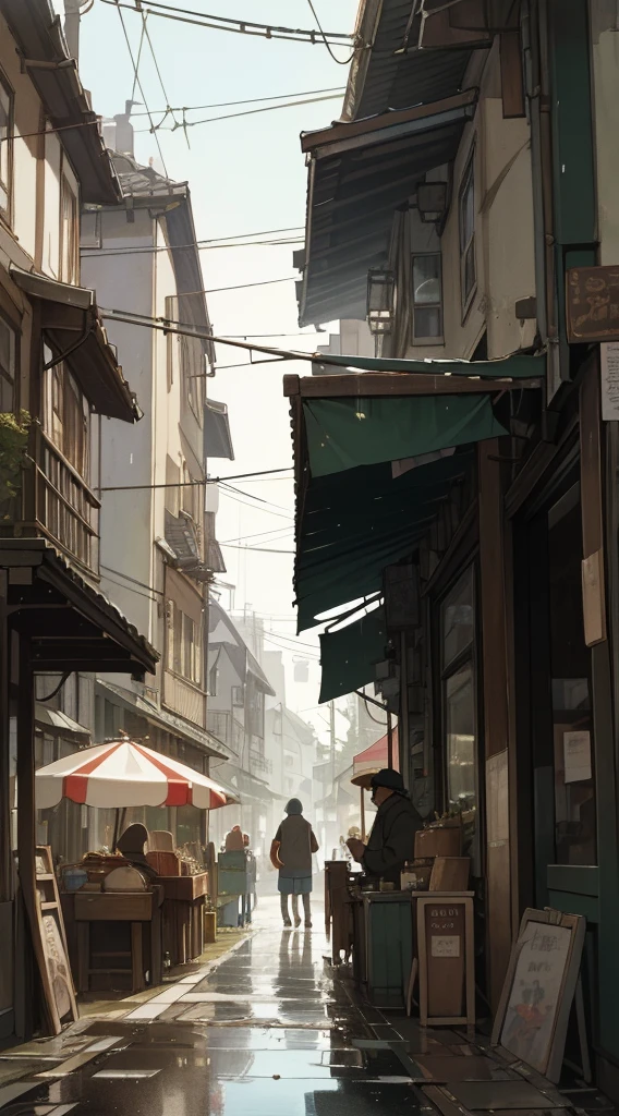 (masterpiece, best quality), Photo if a cafe ,wet Street,sunny day ,small shops,busy street , trash been,village,nostalgia, ultra quality, hyper detailed