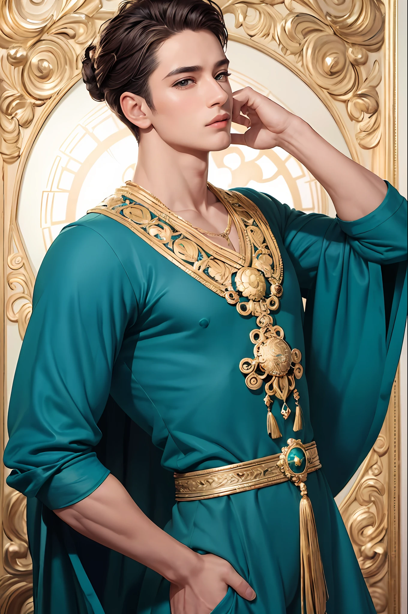 a handsome muscular man with gold eye makeup, in the style of fatima ronquillo, indigo and emerald, cultural fusion, karol bak, light brown and teal, carnivalcore, photo-realistic technique